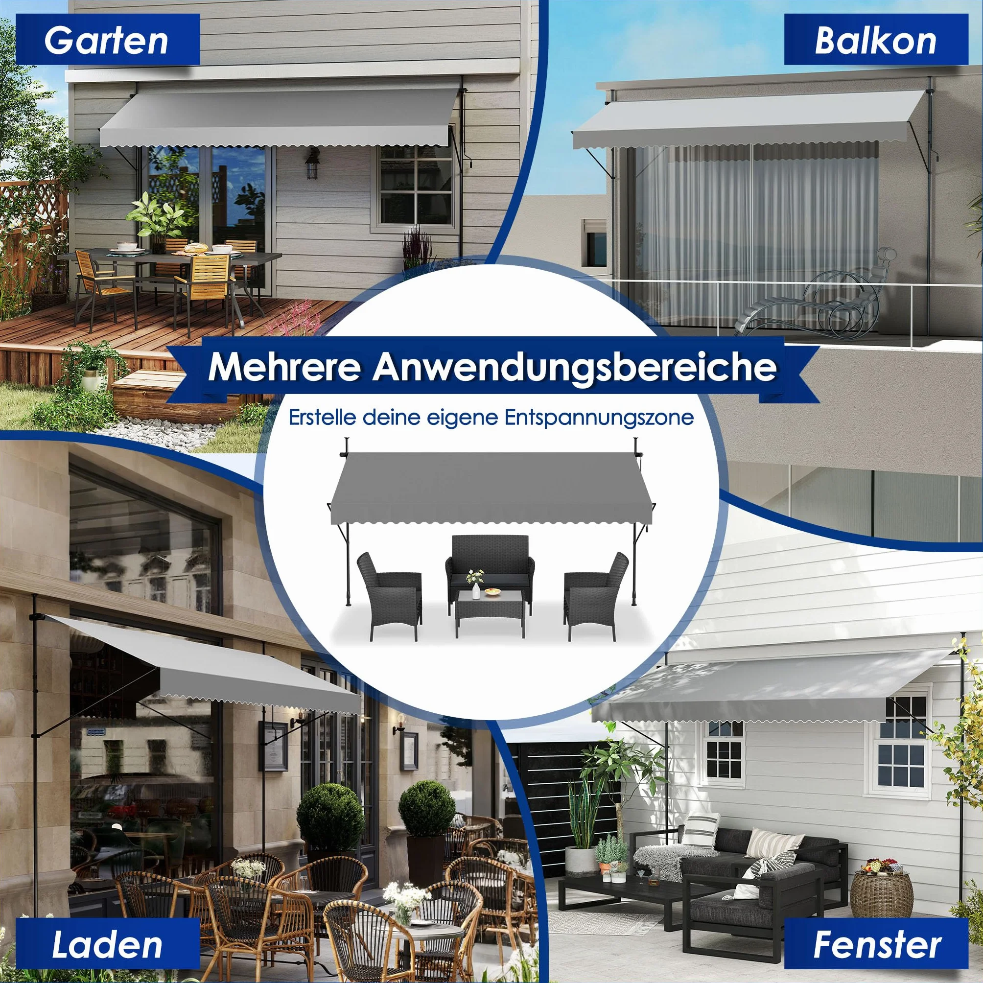 Klemmmarkise, Markise Sonnenschutz Balkon Ohne Bohren, Balkonmarkise Höhenverstellbar UV-beständig, Wasserabweisend mit Handkurbel (300cm Breit, Hellgrau)