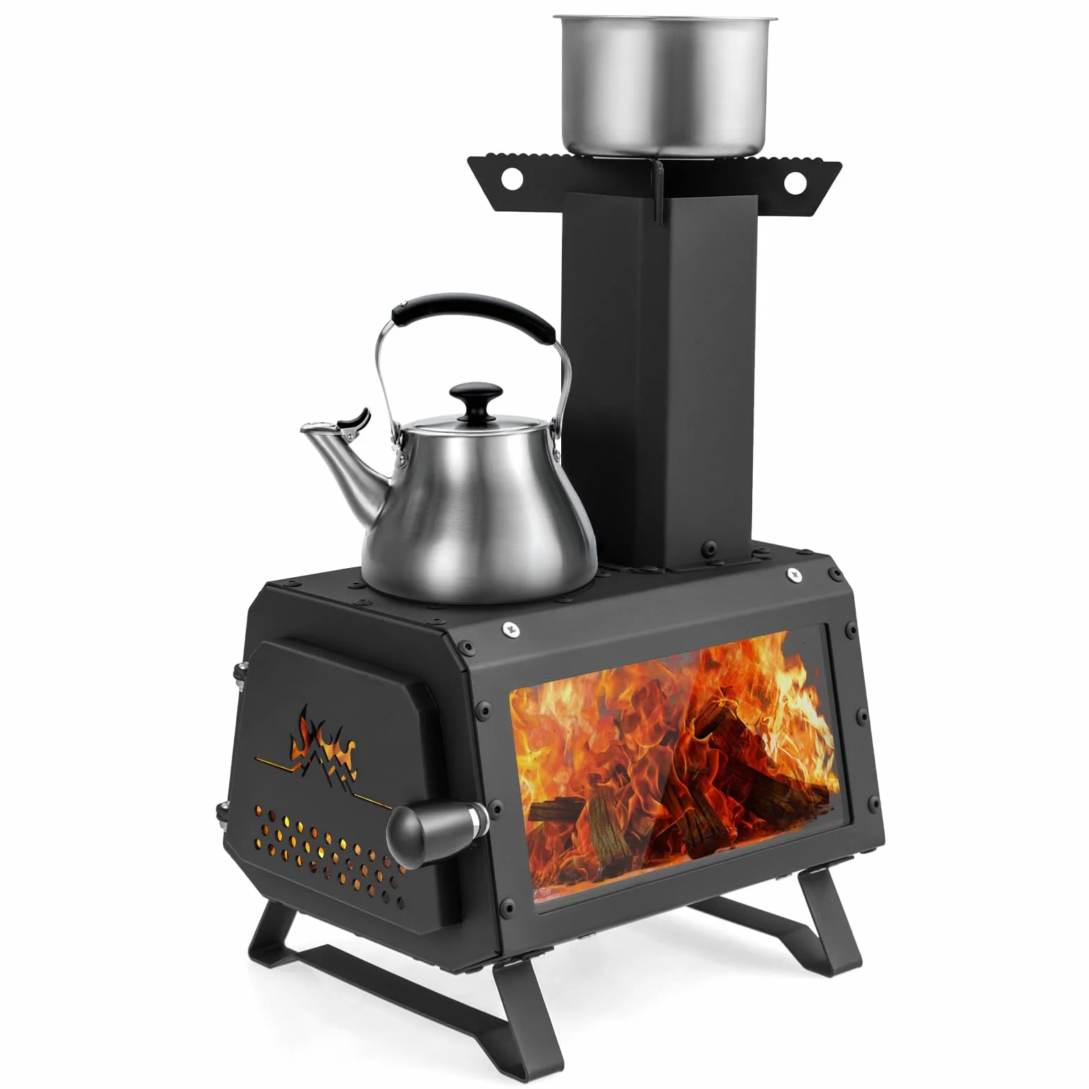 FANTASK tragbarer Holzofen, Raketenofen Outdoor inkl. 2 Kochflächen mit Sichtscheibe und Aschepfanne, Zeltofen, Campingofen für Garten & Camping, Schwarz