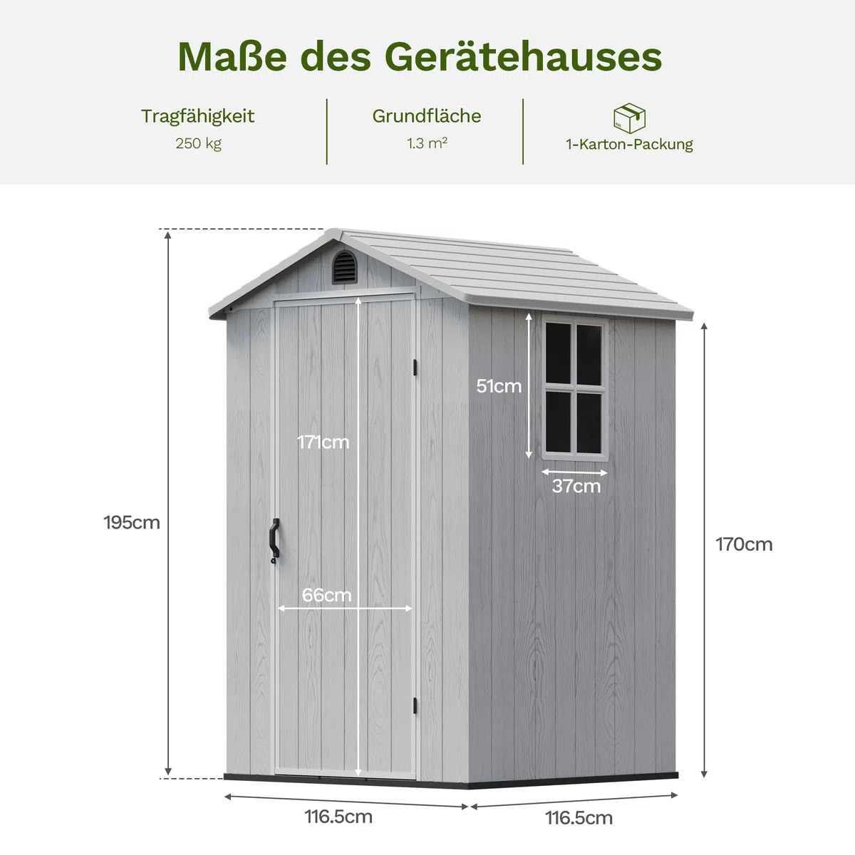 Devoko 4x4 Gartenhaus 2,3m³, Kunststoff, 116x116x195 cm Gerätehaus mit Boden, Geräteschuppen mit Abschließbar Tür und Belüftung, Draußen, Wetterfest für Garten Rasen, Hellgrau