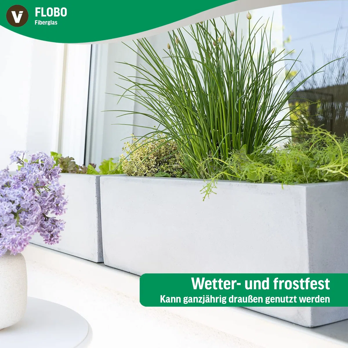VIVANNO Blumenkasten Balkonkasten Pflanzkasten Fiberglas FLOBO Beton-Optik grau - 15x60x17 cm