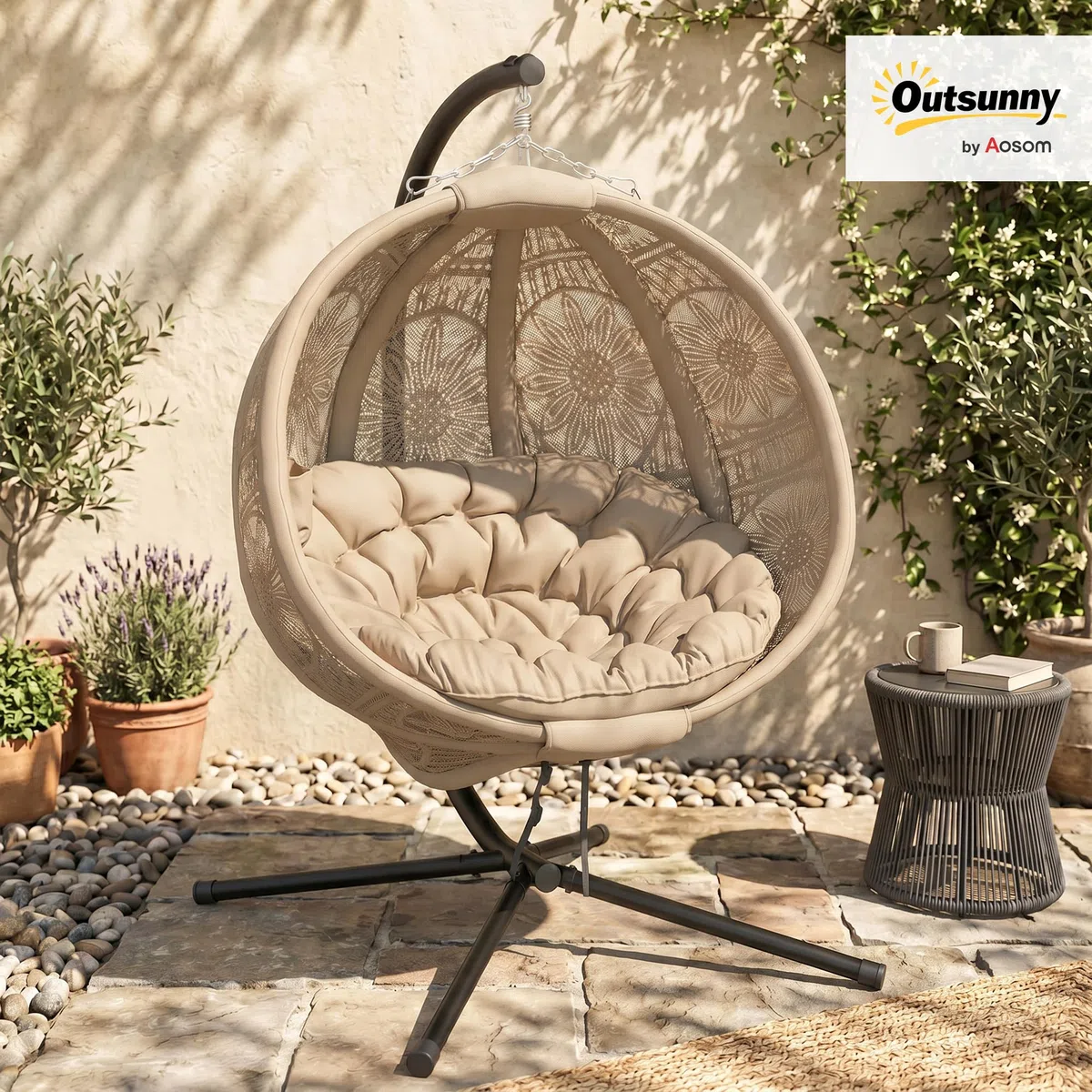 Outsunny Hängesessel, Hängeschaukel, Hängestuhl mit Sitzkissen, Klappbarem Sitzkorb, für Indoor, Outdoor, bis 120 kg Belastbar, Polyester, Sand