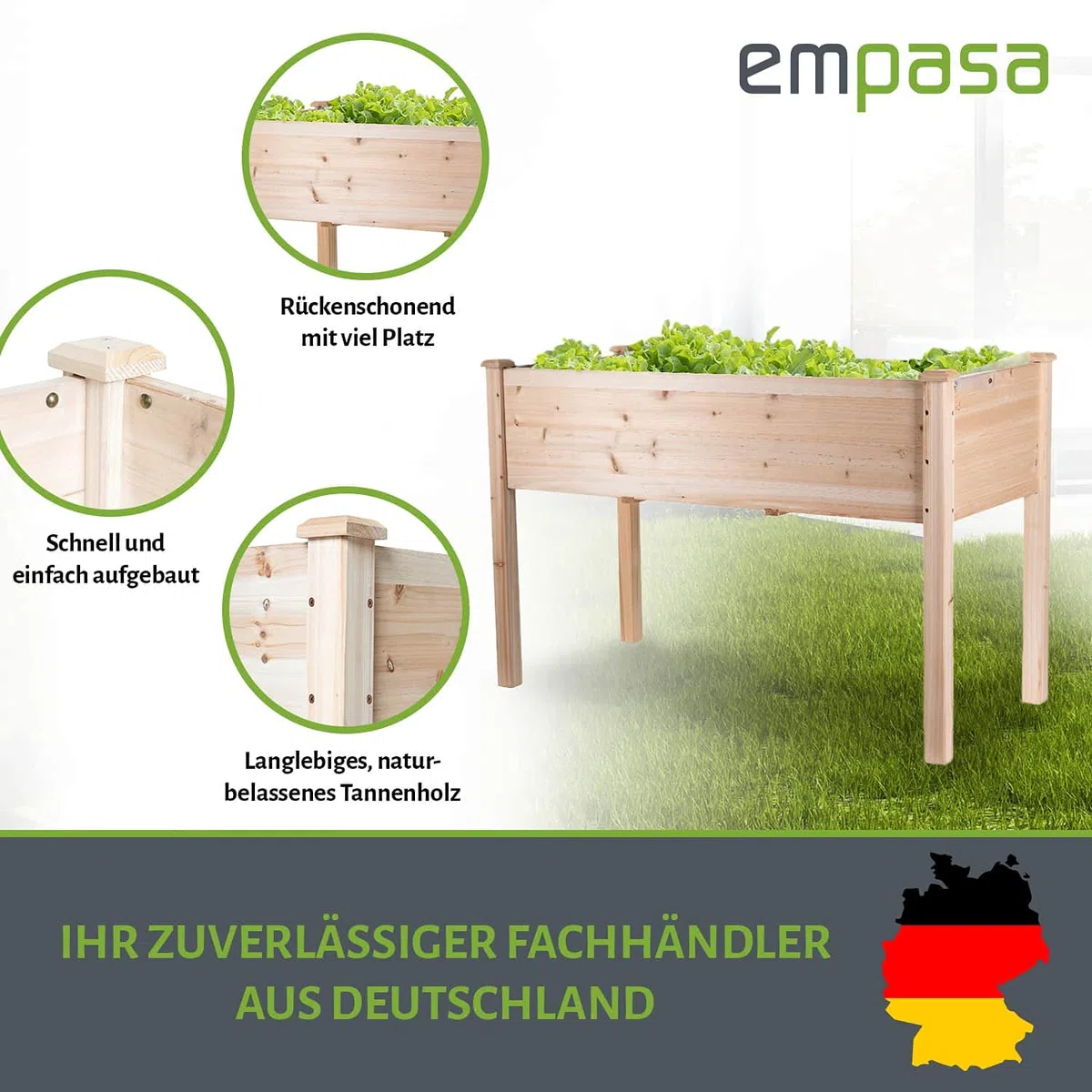 empasa Hochbeet 'Raise 1 XL' aus Holz Gemüsebeet inkl. wasserdichter Folie, Pflanzenkasten für Gemüse und Kräuter im Garten, auf Terrasse oder Balkon, Füllvolumen ca. 140 Liter