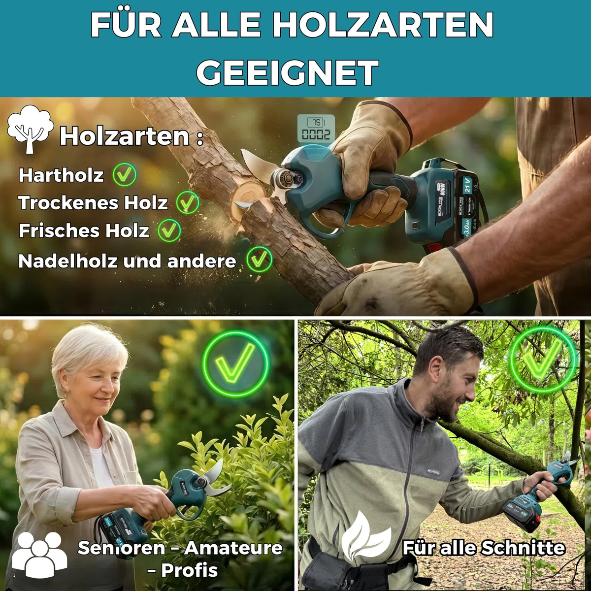 Akku Astschere bis zu 40mm Elektrische Gartenschere 6000mAh — Kabellos für Makita 18V — Bürstenloser Motor 800W — LCD Display — 10-teiliges Set BLADEPRO