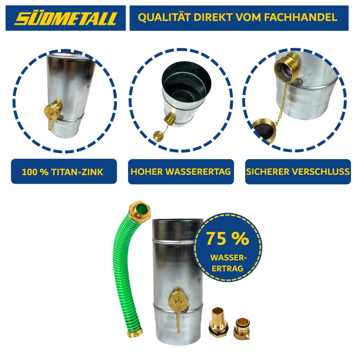 Titanzink Regenwassersammler 120 mm mit Schlauch- und Fassanschluss für Fallrohr 75% Wasser-Ertrag