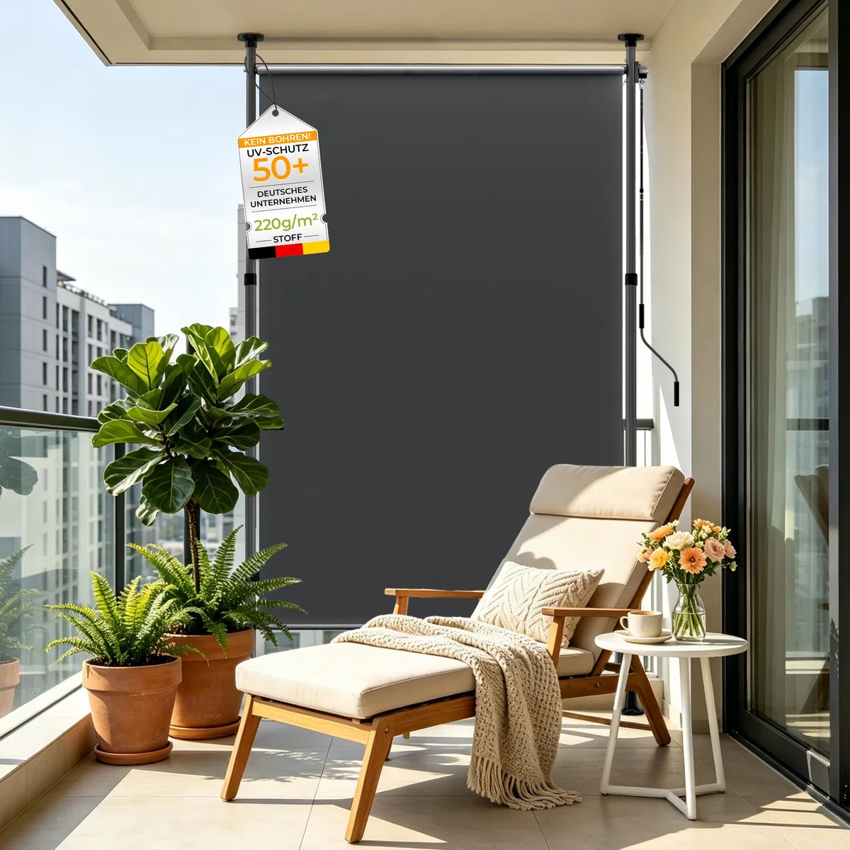 HOMEDEMO Senkrechtmarkise Außen, Vertikalmarkise ohne Bohren, Balkonrollo mit Einstellbare Handkurbel, Sichtschutz Sonnenschutz Windschutz, 120x(220-310) cm, Garten, Stoffbreite 105.5 cm, Anthrazit
