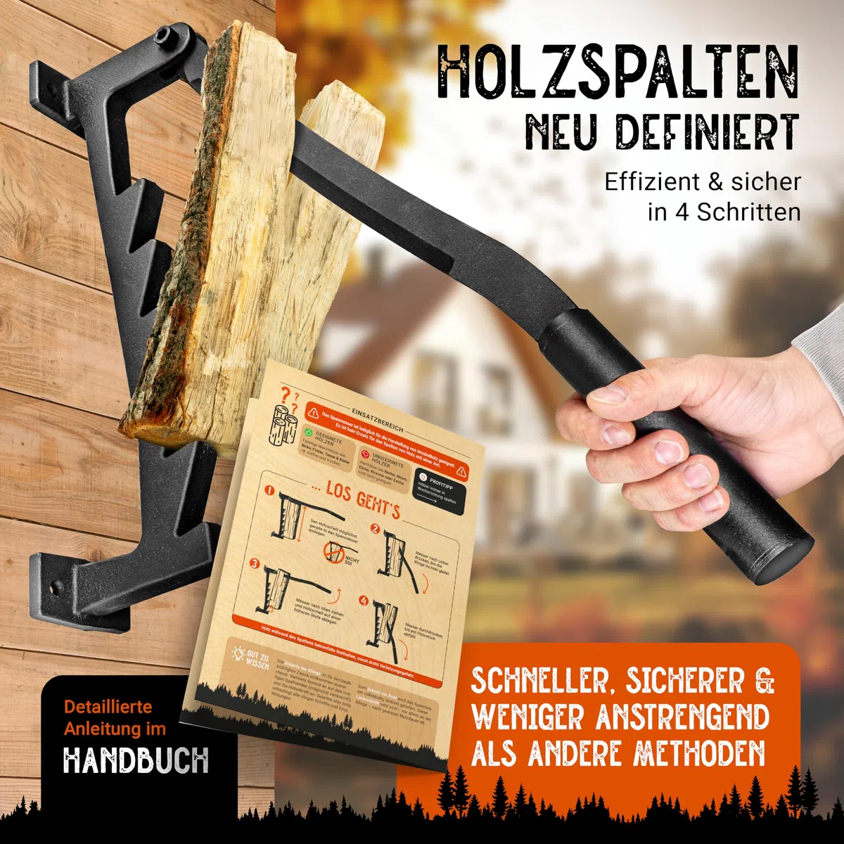 BearClaw Holzspalter manuell - Anzündholz Spalter zur Wandmontage - Handholzspalter, Spanmesser, Wand Holzspalter, Spalter Holz, Wood Splitter - Indoor & Outdoor Holz spalten - inkl. Anleitung