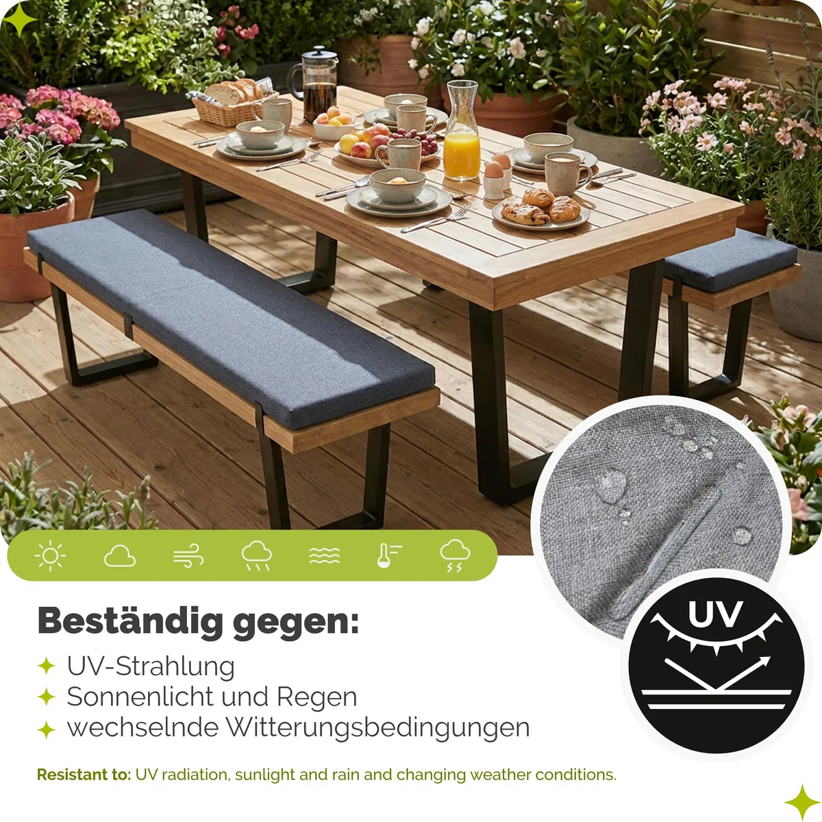 Garronda Bankauflage wasserabweisend 140x40 cm ca. 4 cm dick Sitzkissen Outdoor für Gartenbank und Hollywoodschaukel Polster Auflage für Sitzbank UV-beständig mit Bändern GD-0220 Grün