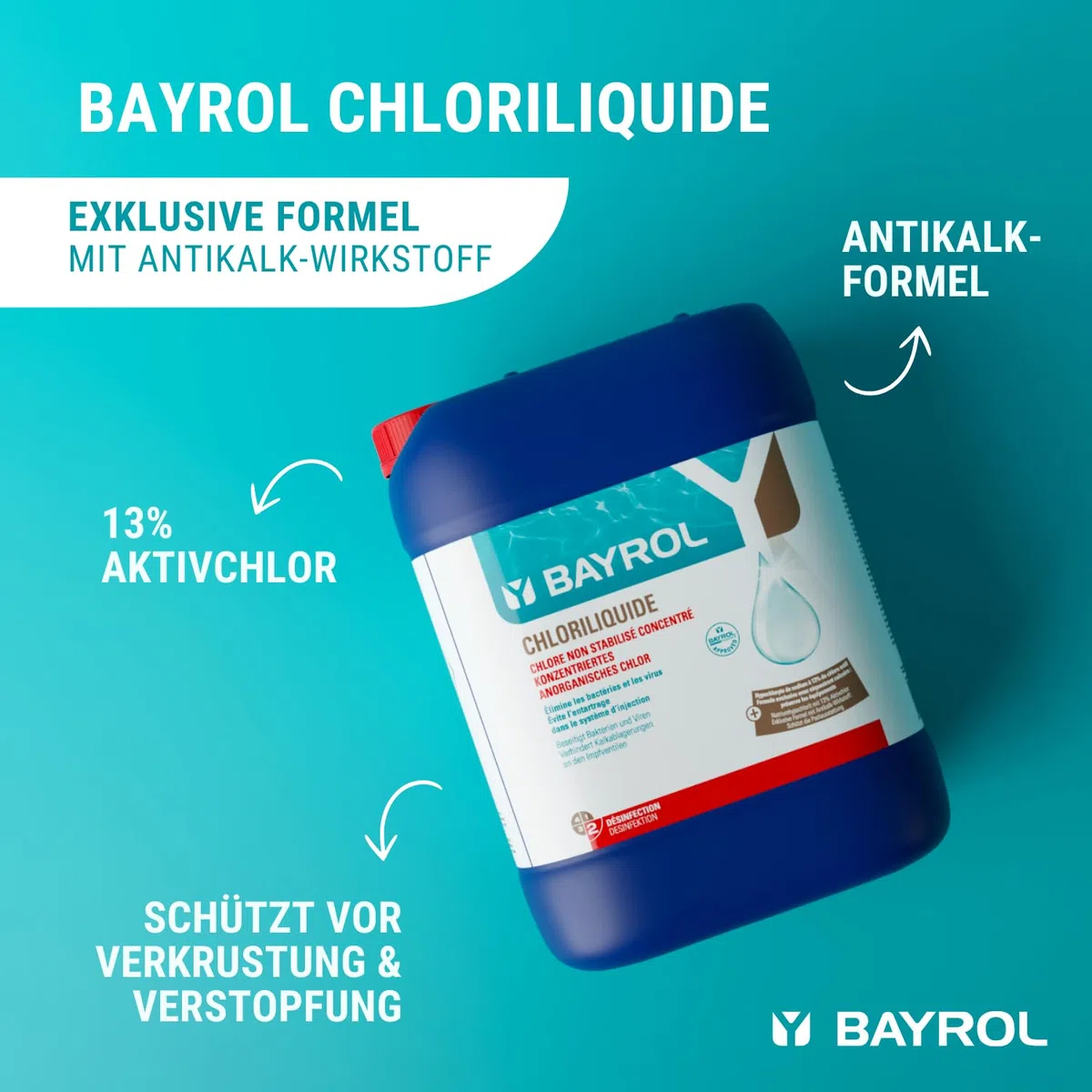 BAYROL Chloriliquide 20 L Flüssigchlor - Anorganisches Chlor flüssig für Pool - Ideal für Pool Dosieranlage - ohne Cyanursäure - Chlorbleichlauge - Chlor Pool
