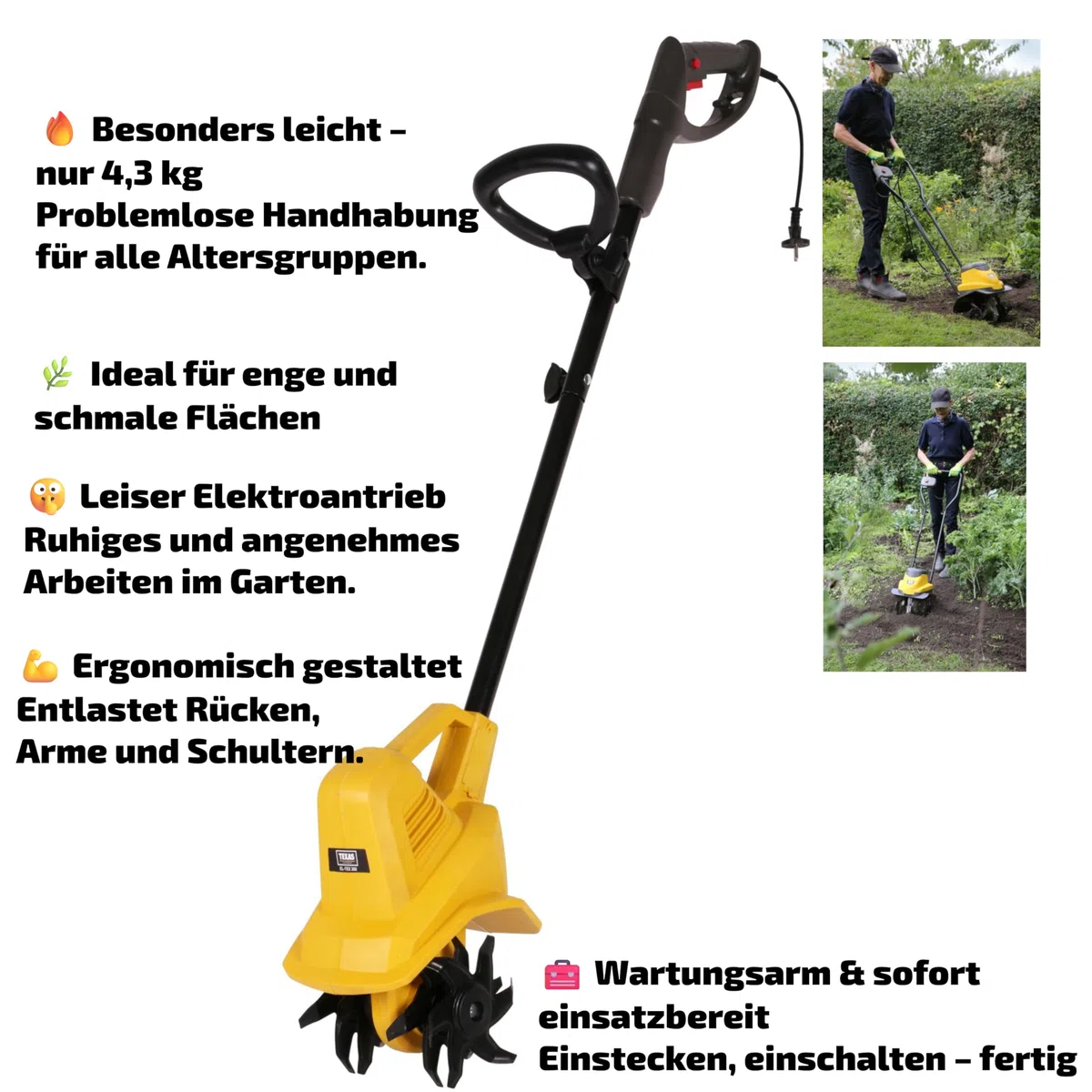 TEXAS Gartenfräse EL Tex 300 Motorhacke Bodenhacke Bodenfräse elektrisch (300 Watt, 19cm Arbeitsbreite, 15cm Arbeitstiefe, 230V) angenehmes Arbeiten, sehr handlich, besonders leichtes Gerät mit 4,3kg
