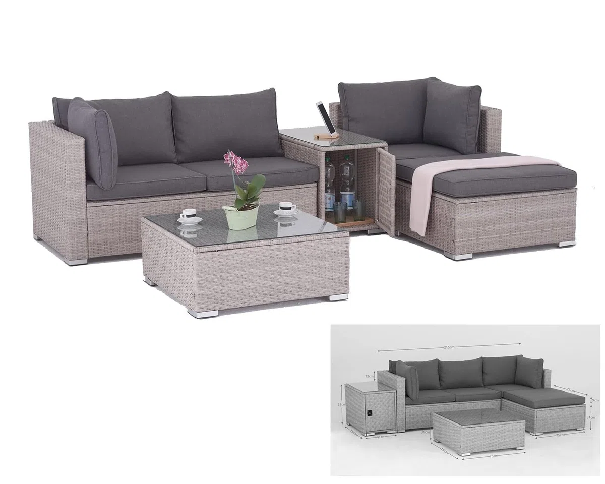 Rattan Polyrattan Lounge Sitzgruppe Garnitur Gartenmöbel aus 3 Sitzer Sofa, Hocker, Tisch mit Stauraum und Abstelltisch mit Glassplatte