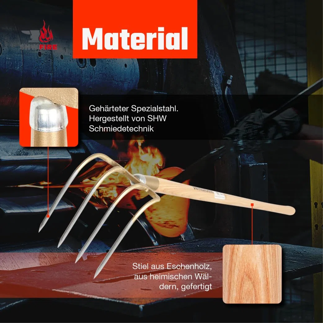 SHW-FIRE | Kartoffelhacke 4 Zinken Schmiedung, 135 cm ergonomischer Eschenholzstiel, robust & langlebig, ideal für Bodenbearbeitung, Kartoffelernte & Heuaufnehmen | Made in Germany