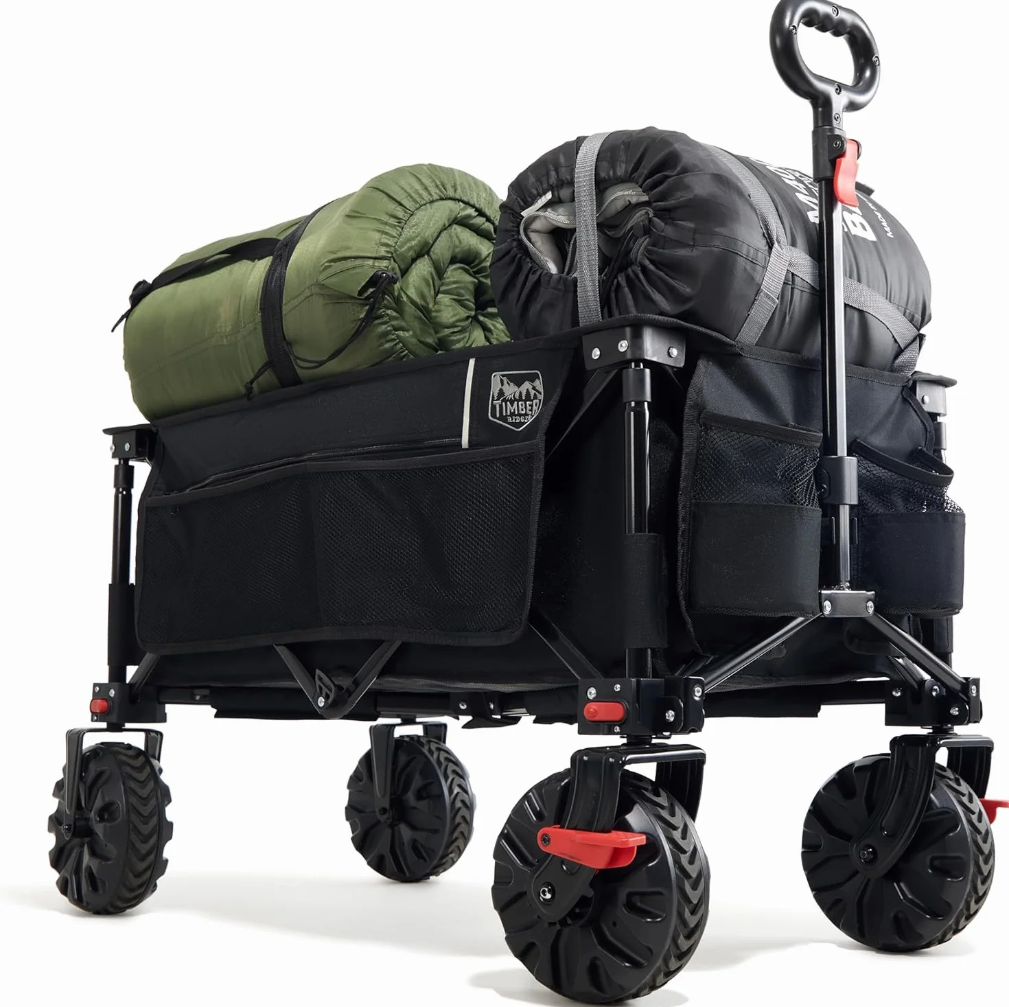TIMBER RIDGE XXL Bollerwagen Faltbar 200L Breite Reifen Strandwagen Klappbar mit Bremsen Seitentasche Getränkehalter Verstellbarer Griff Handwagen 150kg Belastbar