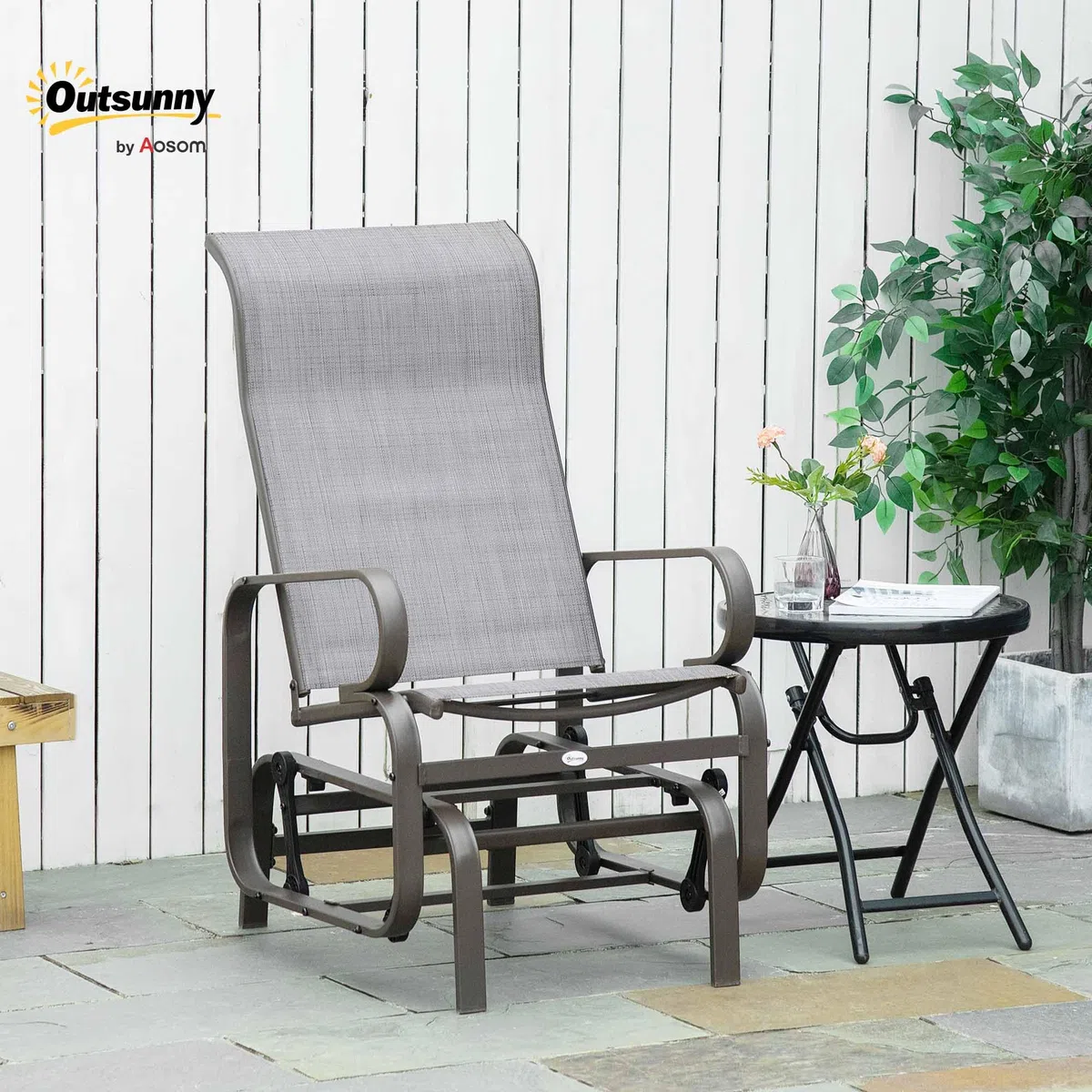 Outsunny Schaukelstuhl Garten Gartenstuhl Relaxstuhl Gartenschaukel Garten Metall Schaukel Stuhl für Garten Terrasse Balkon Texteline Grau+Braun 60 x 78 x 105 cm