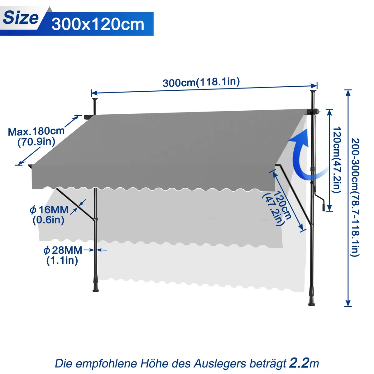 Klemmmarkise, Markise Sonnenschutz Balkon Ohne Bohren, Balkonmarkise Höhenverstellbar UV-beständig, Wasserabweisend mit Handkurbel (300cm Breit, Hellgrau)