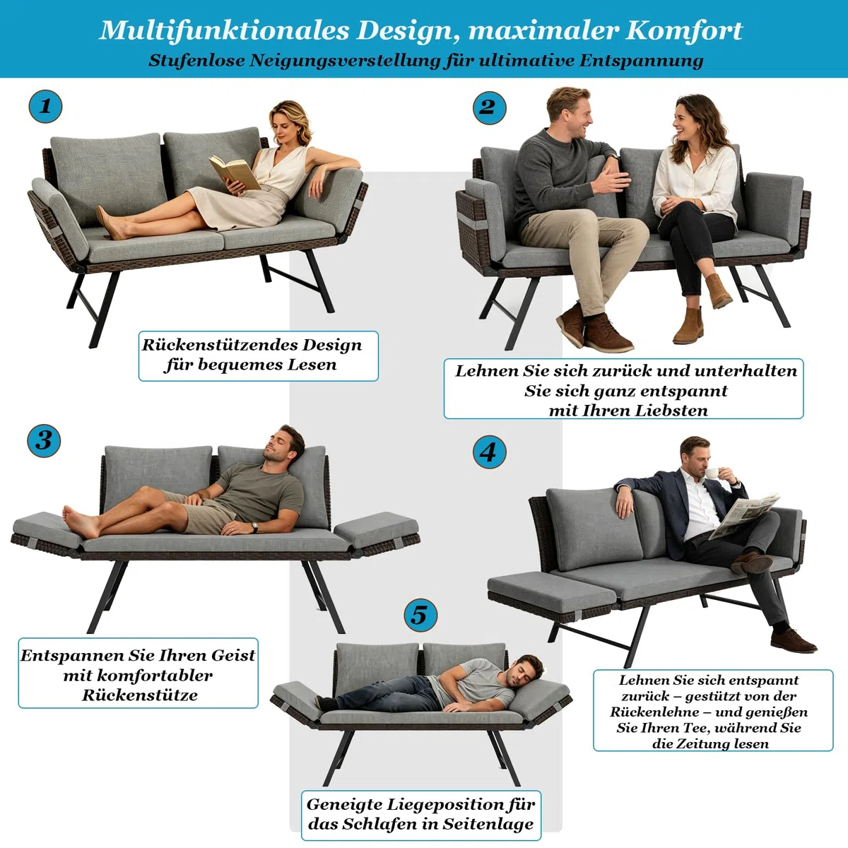 Gartensofa 2 Sitzer mit Liegefunktion, Verstellbare Couch klappbarer Armlehnen, Outdoor schlafsofa mit Kissen, Polyrattan Gartenbank Lounge Sofa für balkonmöbel,Terrasse, Gartenmöbel (Dunkel)