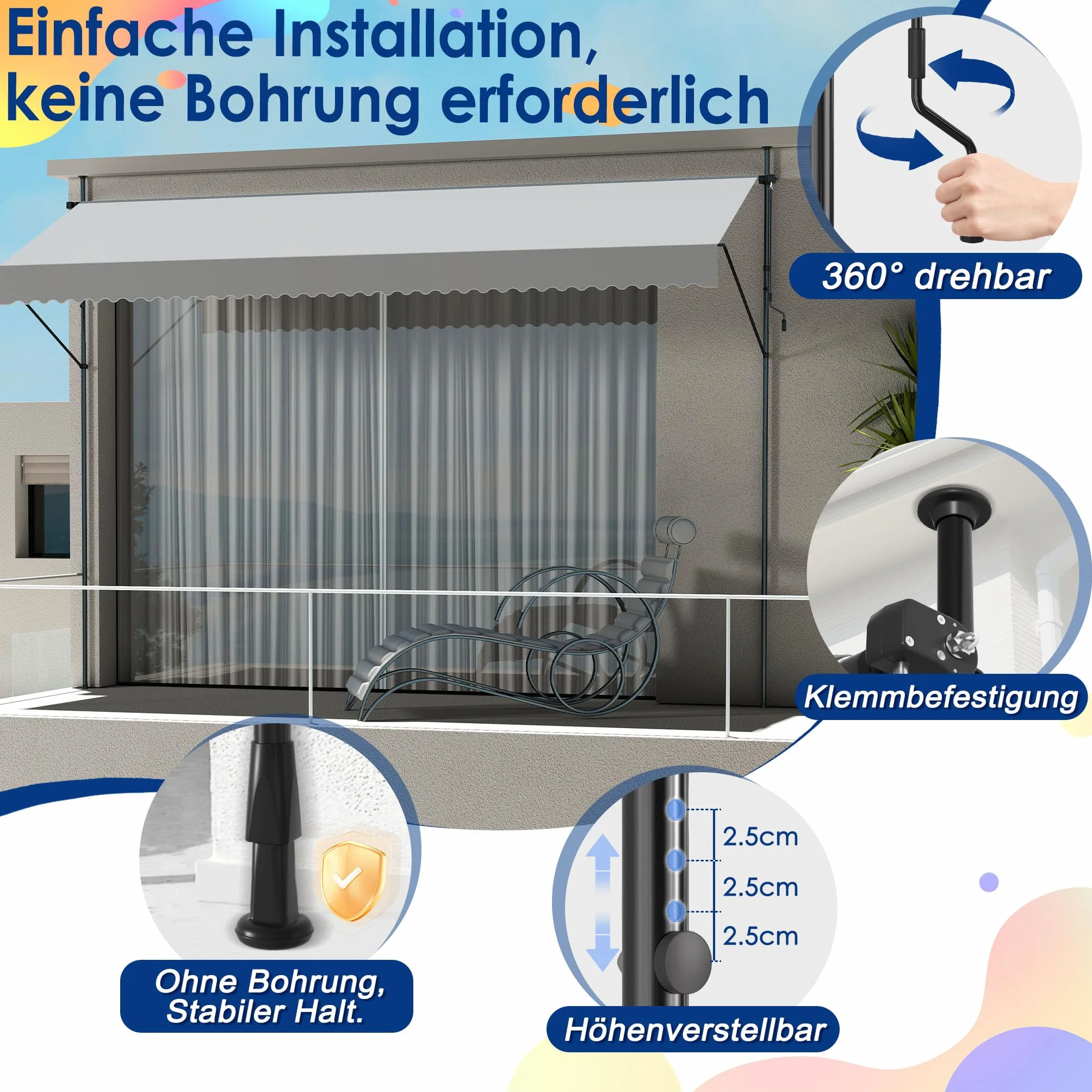 Klemmmarkise, Markise Sonnenschutz Balkon Ohne Bohren, Balkonmarkise Höhenverstellbar UV-beständig, Wasserabweisend mit Handkurbel (300cm Breit, Hellgrau)