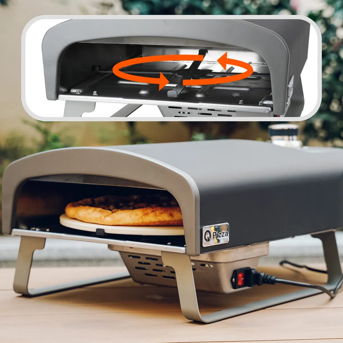 Q Pizza Gas Pizzaofen mit Drehfunktion, 50 mbar Outdoor Gas Pizza Ofen mit 33cm Pizzastein, Tragbarer für Garten Terrasse und Balkon, Schwarz