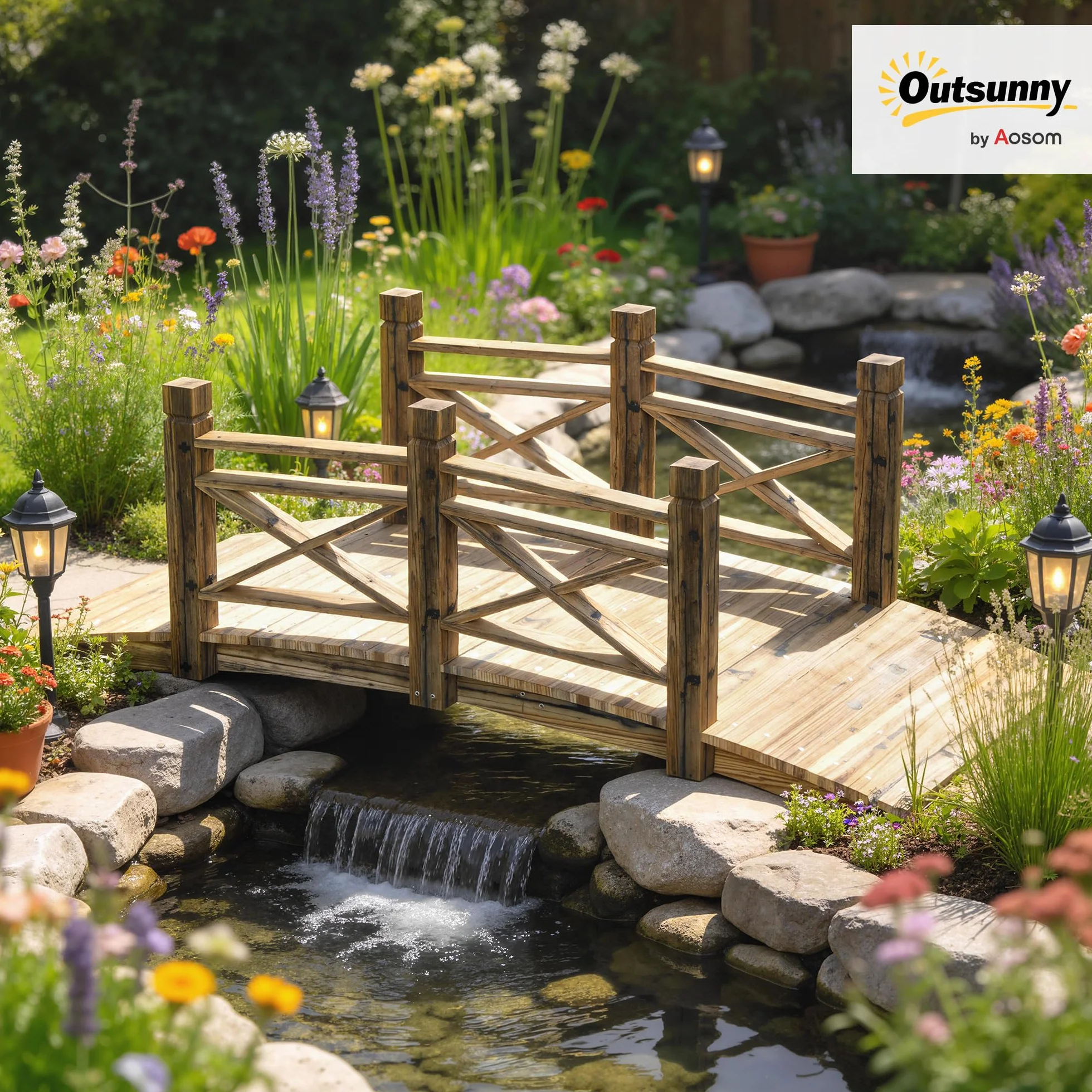 Outsunny Holzbrücke mit Geländer Gartenbrücke aus Tannenholz Teichbrücke mit Antik-Optik, begehbar Zierbrücke bis 200 kg Rostbeständig Dekobrücke für Garten Teich 174 x 78 x 57,5 cm Verkohlt