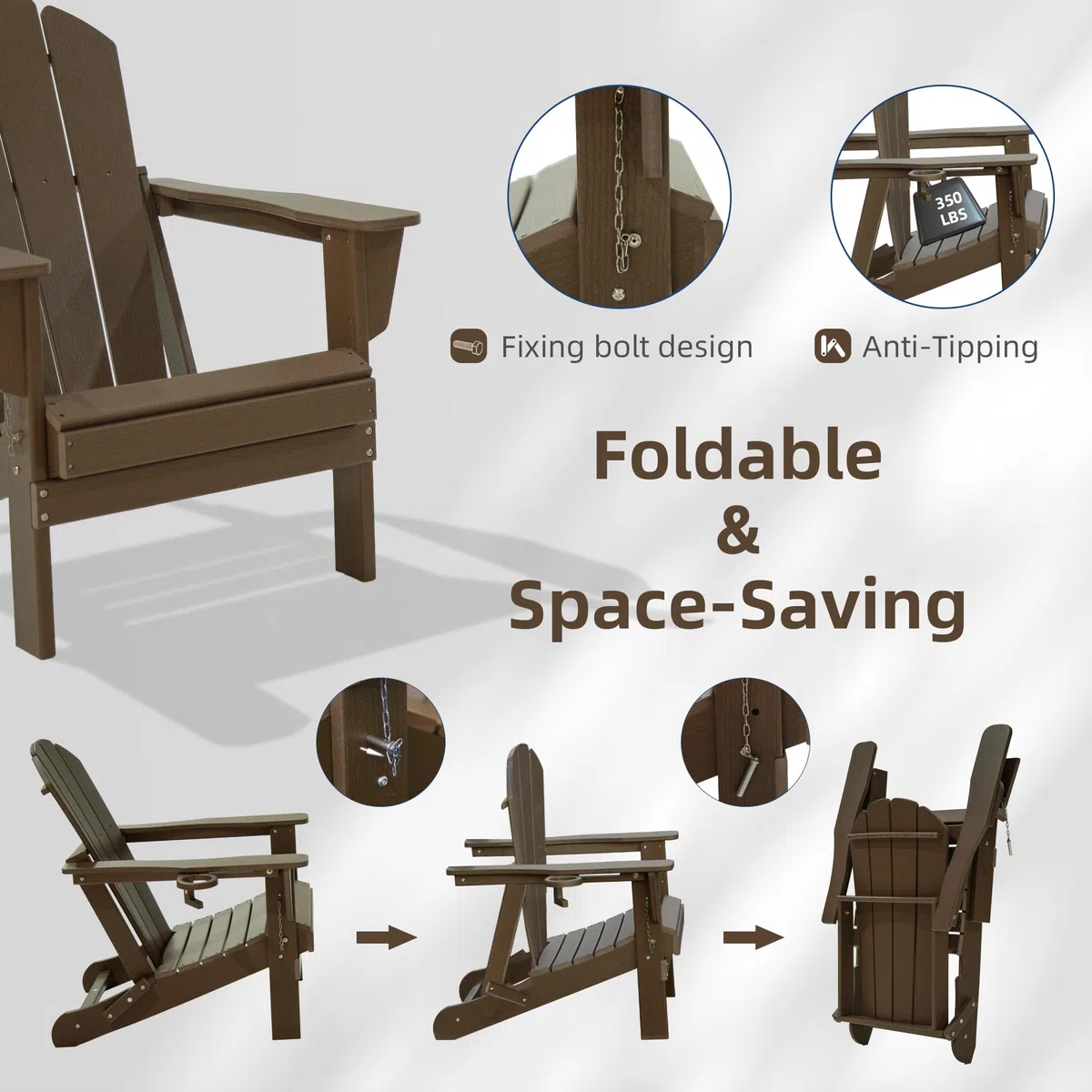 Domi Klappbarer Adirondack-Stuhl, HDPE-Witterungsbeständiger Außenstuhl mit Getränkehalter, holztexturierter Feuerstellenstuhl für Garten, Terrasse, Poolbereich & Deck, Braun