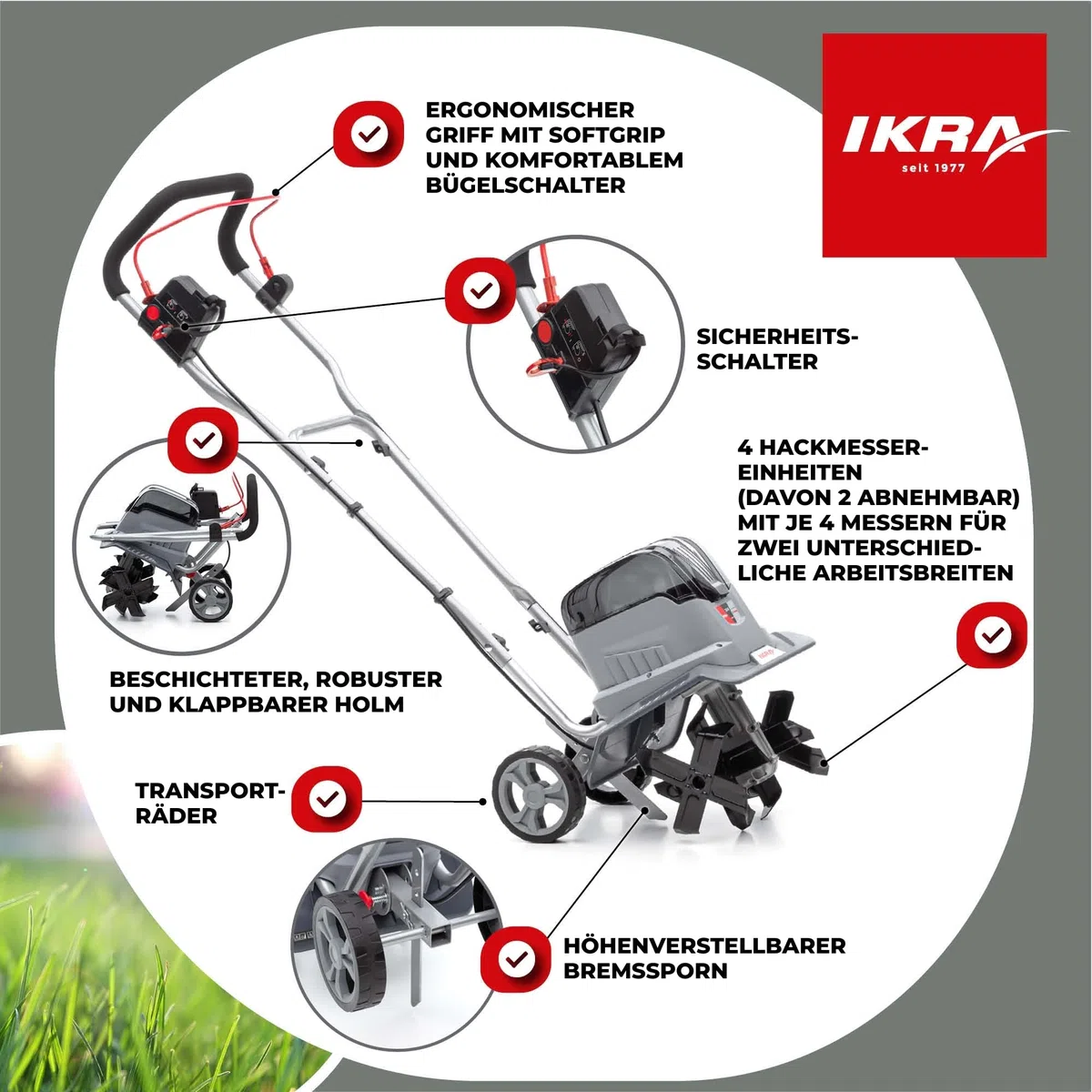 IKRA Bodenhacke Motorhacke IB-TC 36, ohne 36V Akku & Ladegerät | Kompatibel mit Bosch, bürstenloser Motor, 2 Arbeitsbreiten 18-30 cm, Arbeitstiefe bis 20cm, inkl. Bremssporn & Transporträder