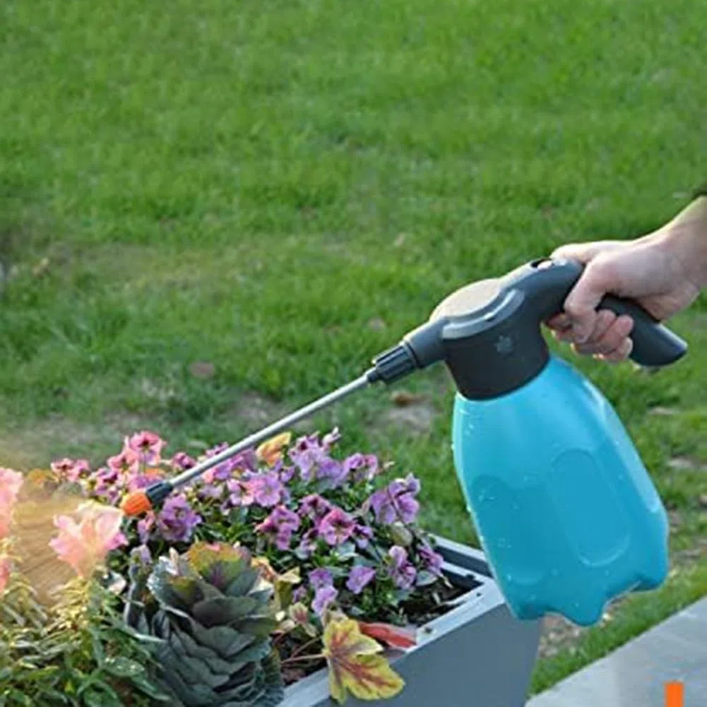 Elektrische Sprühflasche, 2 l, wiederaufladbar, für Pflanzen und Automobil-Details, verstellbare Nebel-/Strahldüse, ergonomischer HDPE-Tank mit transparentem L-Blue-Land
