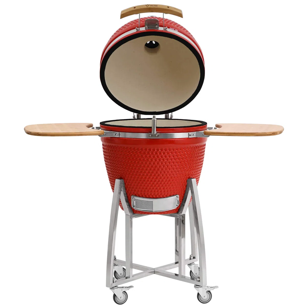BBQ-Toro Kamado Grill Holzkohlegrill "KURO" Ø 52 cm | Rot | Holzkohlegrill mit Bambusablage, Thermometer, Holzgriffen, Rollen | Keramikgrill rund, Ceramic Grill Ei, Grillofen, Kamado mit Ablage