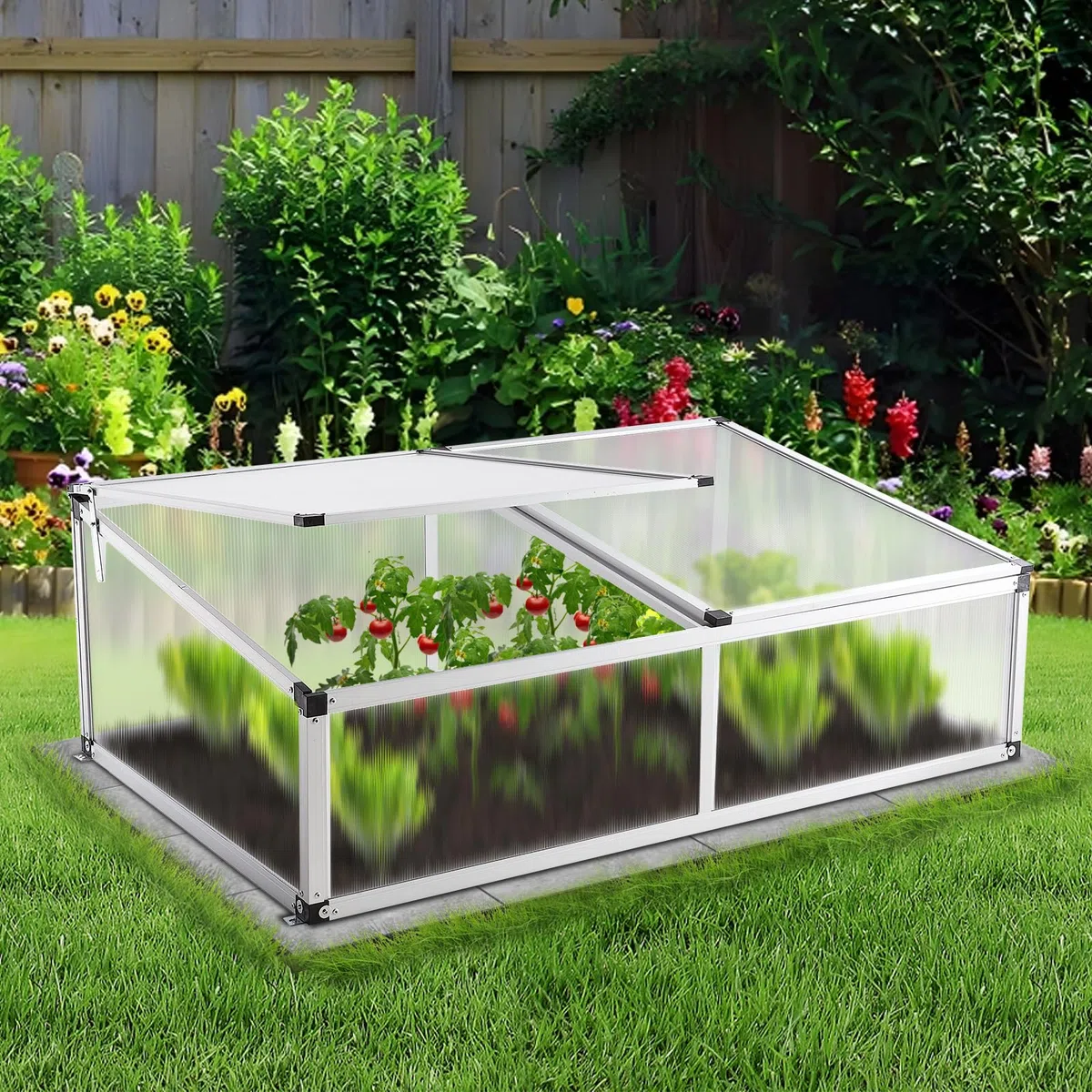 Alu Frühbeet lichtdurchlässig Frühbeetkasten Mini Gewächshaus Treibhaus UV Schutz Pflanzbeet 118x77x40 cm Doppeldach Silbern