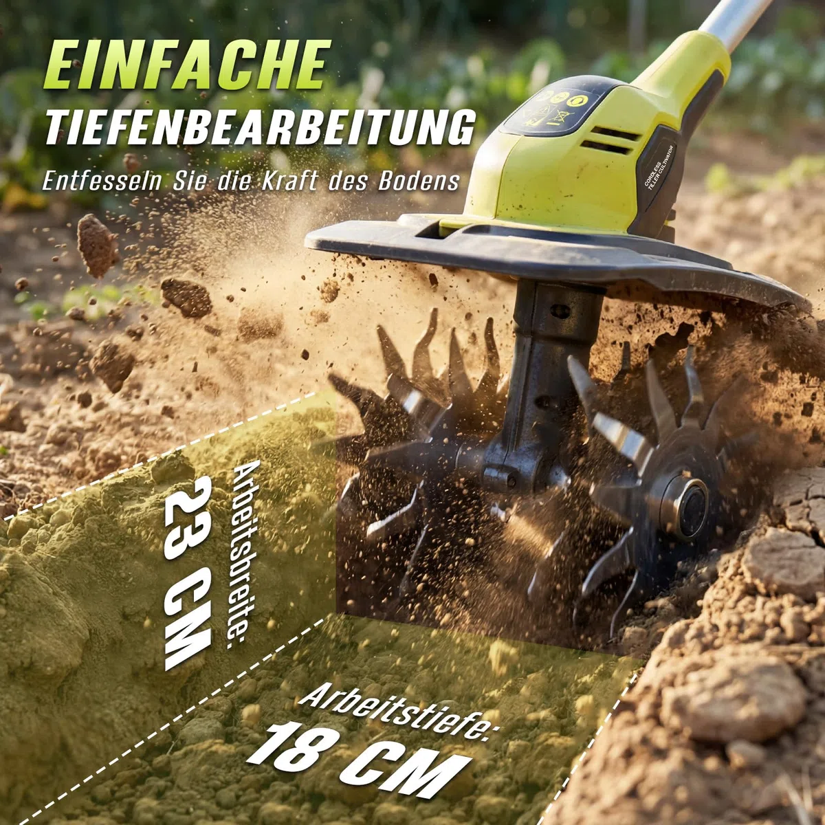 Akku Bodenhacke,Akku Gartenfräse,mit 2 x 4,0 Ah Akkus und Ladegerät,21V Elektro Motorhacke,18 cm Arbeitstiefe, 23cm Arbeitsbreite,48 Hackmesser für Beet, Acker & Landwirtschaft