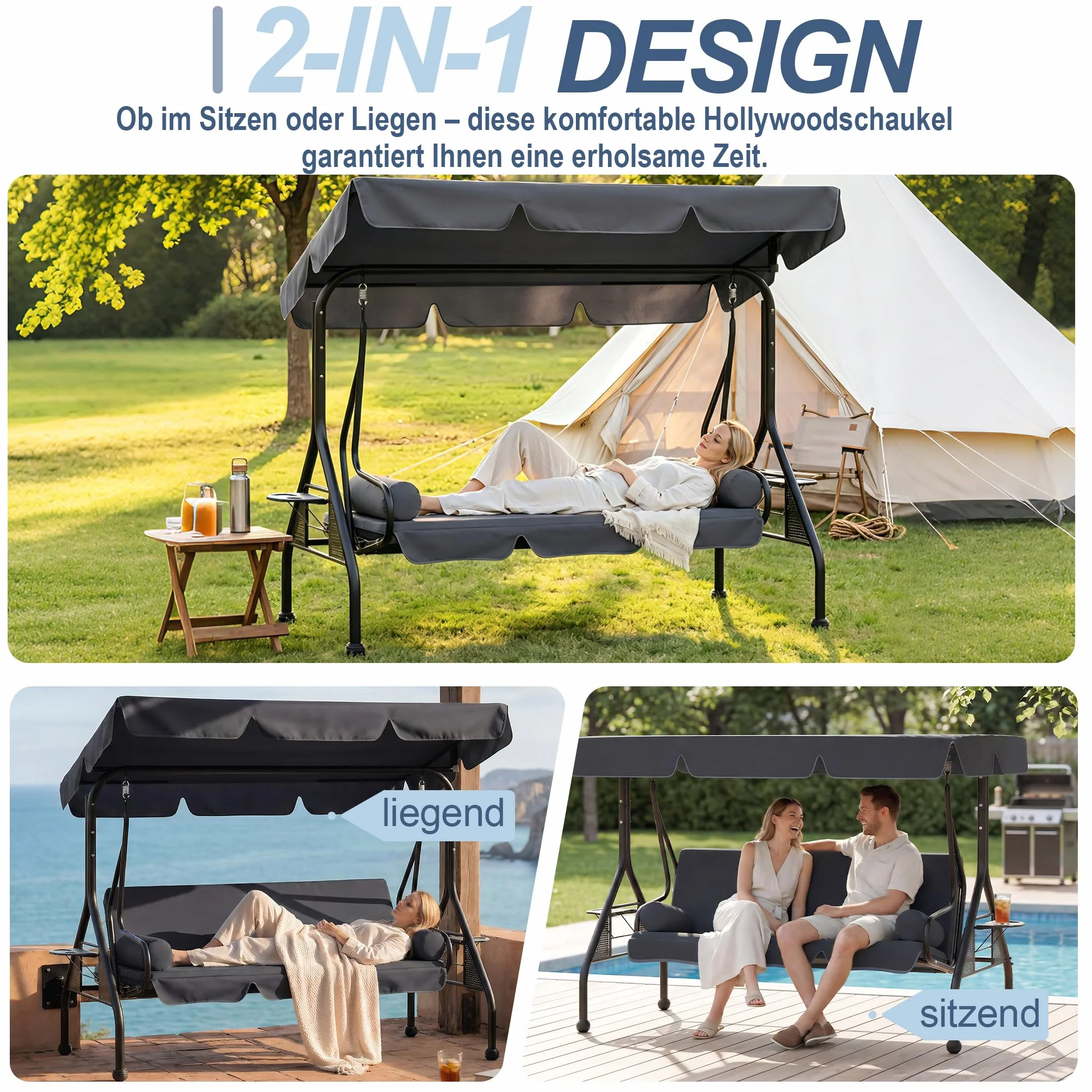 XMTECH Hollywoodschaukel 3-Sitzer mit Liegefunktion & verstellbarem Sonnendach, Gartenschaukel mit Seitentischen & Kissen, Schaukelbank Garten Terrasse, bis 350 kg, 185 x 113 x 163 cm, Anthrazit