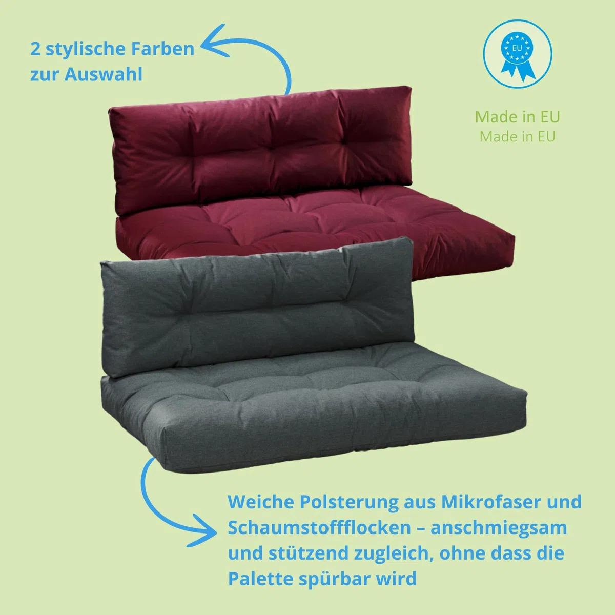 Bodyprotect Palettenkissen 2-teilig Set, Sitzkissen 120x80x12 cm & Rückenlehne 120x40 cm, Kissen Indoor & Outdoor aus hochwertigem Möbelstoff, Loungekissen für Gartenmöbel & Paletten, Dunkelgrau