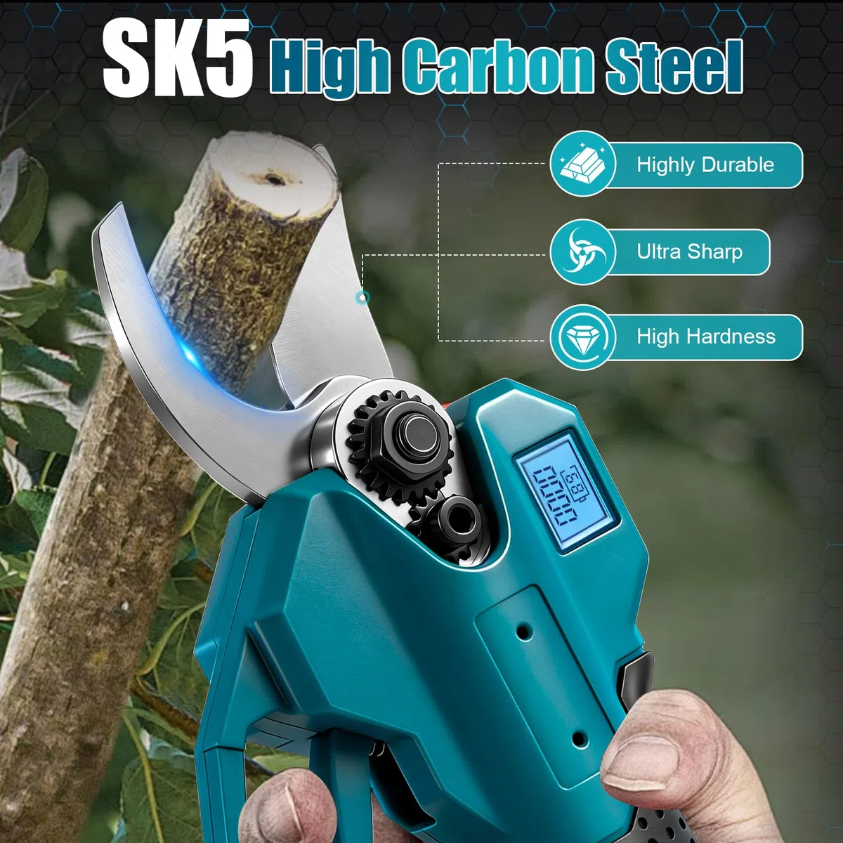 Akku Astschere 30 mm Elektrische Gartenschere, 1000 W Akku Astschere mit Bürstenlosem Motor, SK5 Carbonstahl Kling Elektrische Gartenschere mit LCD-Display, 2 * 2000 mAh Akkus, für den Garten