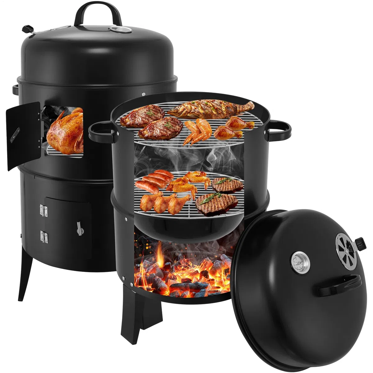 Raucher Holzkohle, Holzkohleraucher | Holzkohlegrills | Tragbare vertikale Propan-eingebaute Thermometer für Gartengrills, Heckklappenpartys, Apartmentbalkonen
