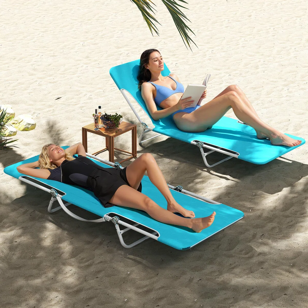 COSTWAY Strandliege klappbar leicht 2er Set, Sonnenliege mit verstellbarem Rücken- und Fußteil, tragbare Klappliege mit Tragegurt, Liegestuhl bis 150 kg belastbar für Strand, Garten, Terrasse (Blau)