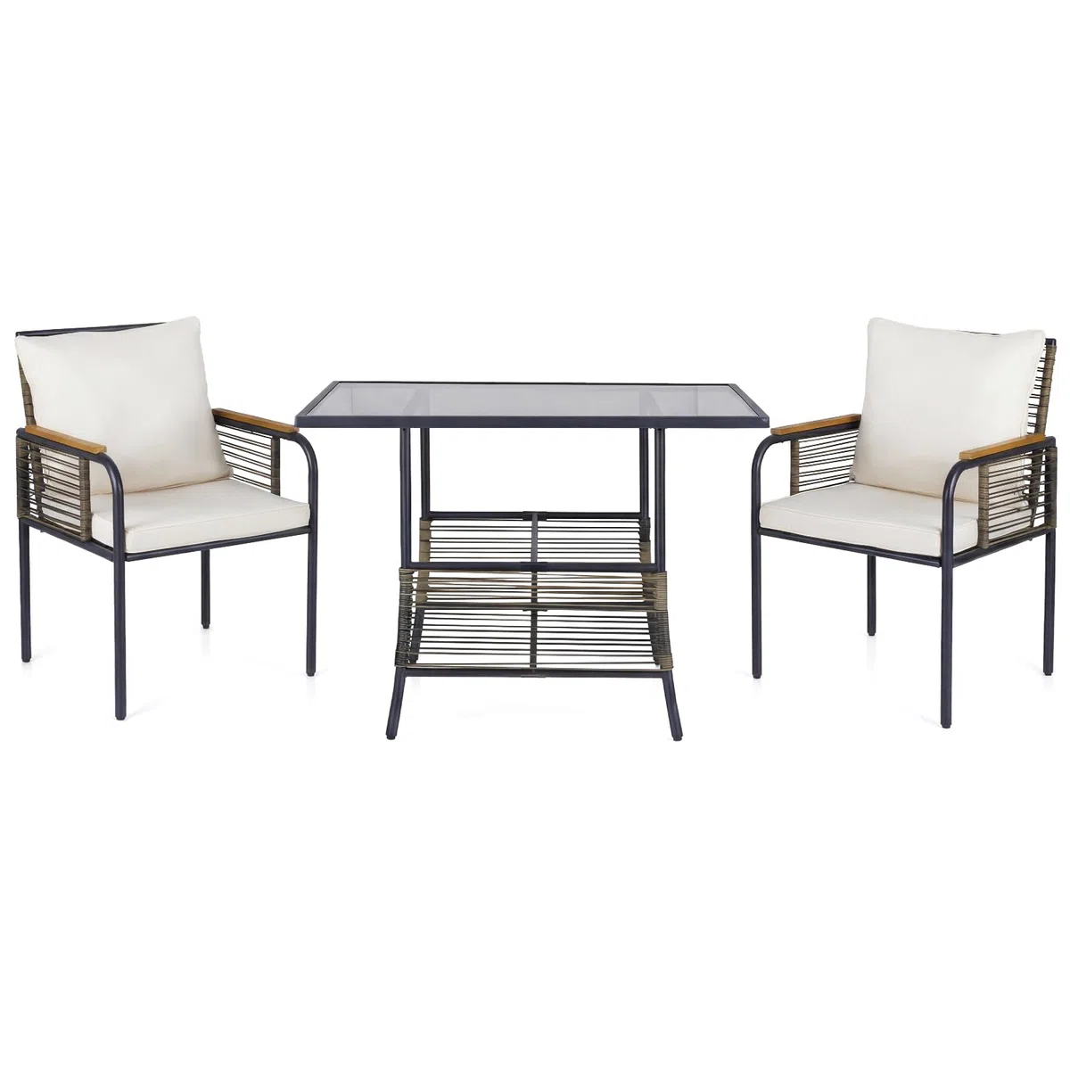 LIFEZEAL 3-TLG. Gartenmöbel Set, 3-teiliges Balkonmöbel-Set Rattan, Esstisch mit 2 Stühlen inkl. Sitzkissen, Terrassenmöbel Sitzgruppe für Balkon, Veranda, Garten, Hof (Beige)