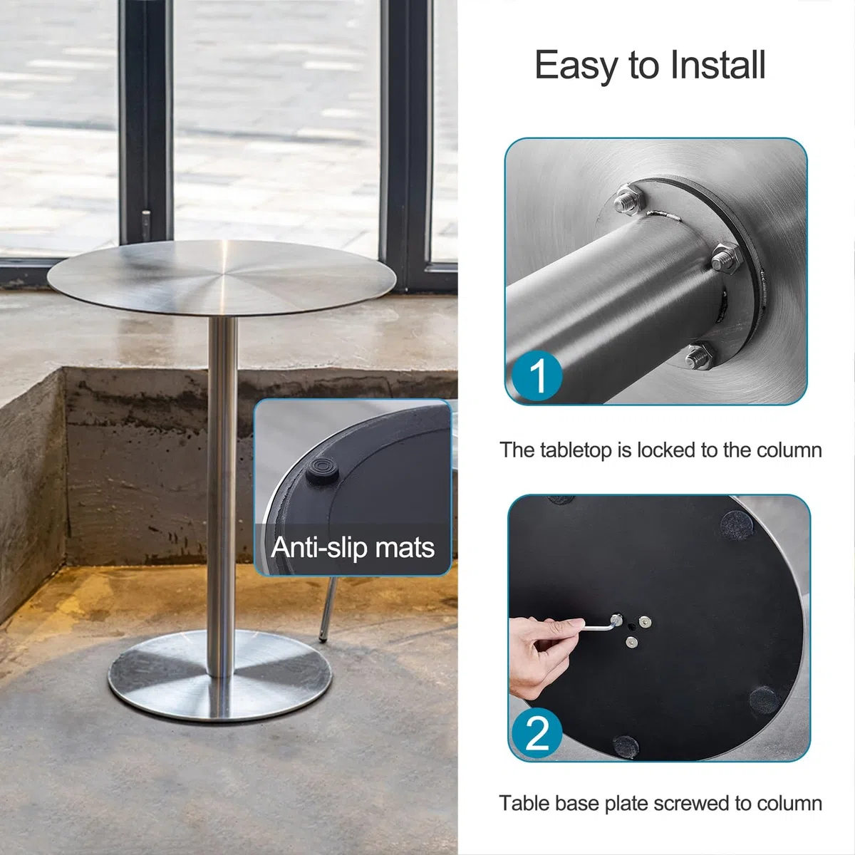 Runder Frühstücks-Esstisch, Kaffee-Beistelltisch aus Edelstahl, Freizeit-Sofa-Beistelltisch, Cocktailtisch für Bistro-Café-Tische(Size:50x50x75cm)