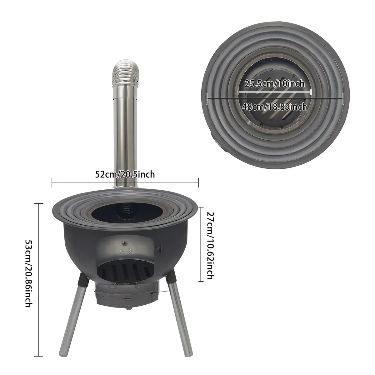 Tragbarer Holzofen mit 3/4 Kochringen & Aschekasten - Abnehmbaren Ofenbeine Robuster Stahlblech-Ofen mit Belüftung und Schornstein Holzofen für Camping, Picknick und Outdoor-Kochen (20.5zoll)