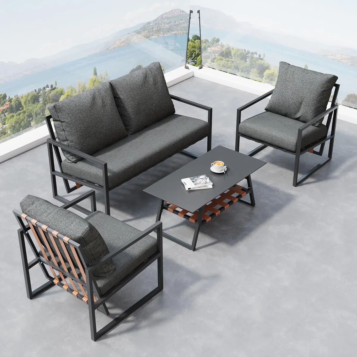 Muskel Garten Lounge Set 4-teilig Outdoor Sofa Einzelstühle Sesseln, Couchtisch, Essgruppe für Garten Balkon Terrasse, Abnehmbarer und waschbarer Stoffbezug, Schwarz