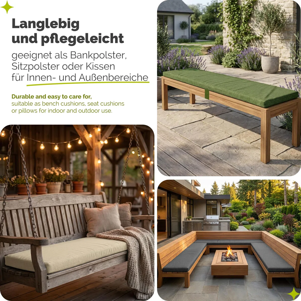 Garronda Bankauflage wasserabweisend 140x40 cm ca. 4 cm dick Sitzkissen Outdoor für Gartenbank und Hollywoodschaukel Polster Auflage für Sitzbank UV-beständig mit Bändern GD-0220 Grün