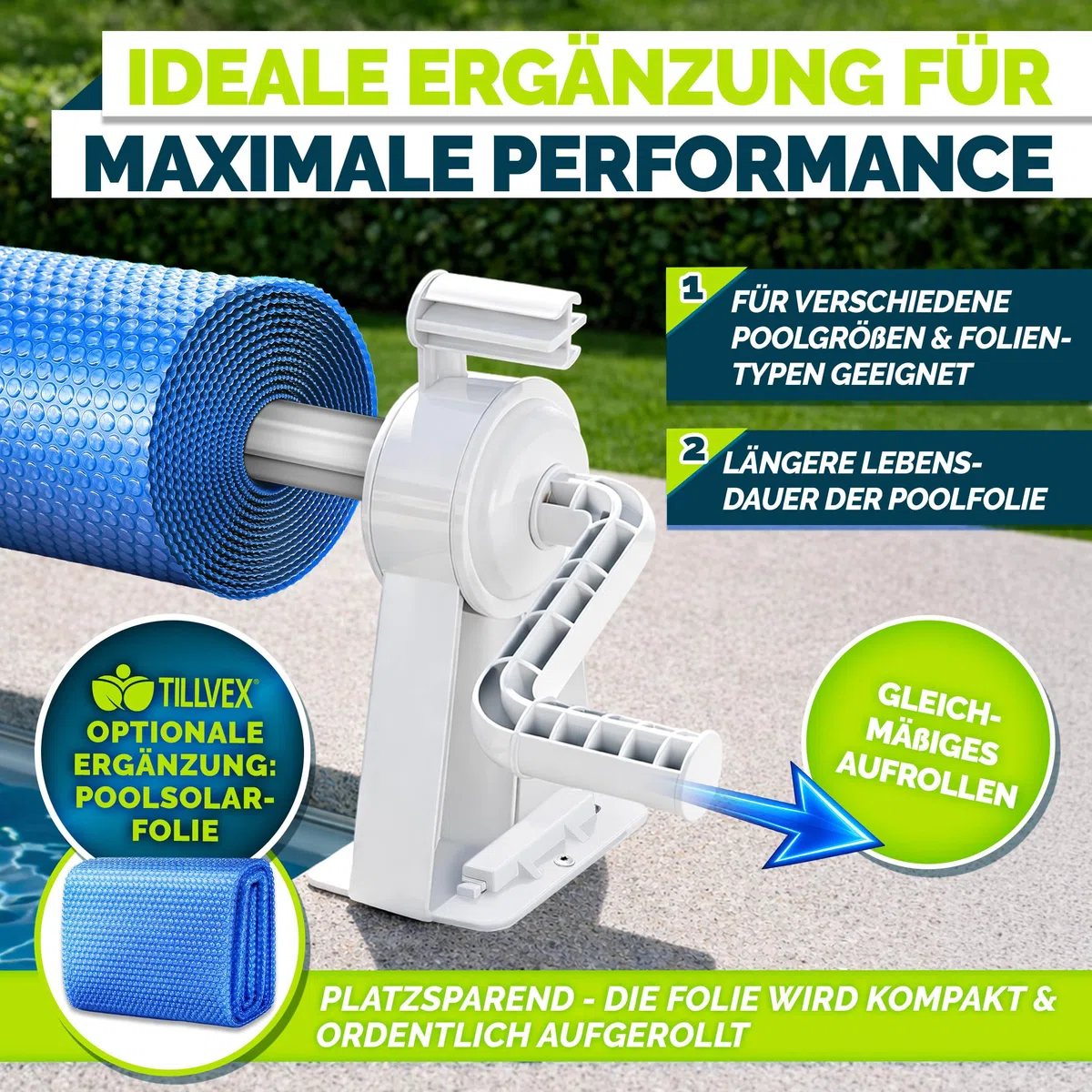 Tillvex Pool Aufroller Premium 1,05-6,15 m Aufrollsystem für Solarplane Mobile Aufrollvorrichtung witterungsbeständig