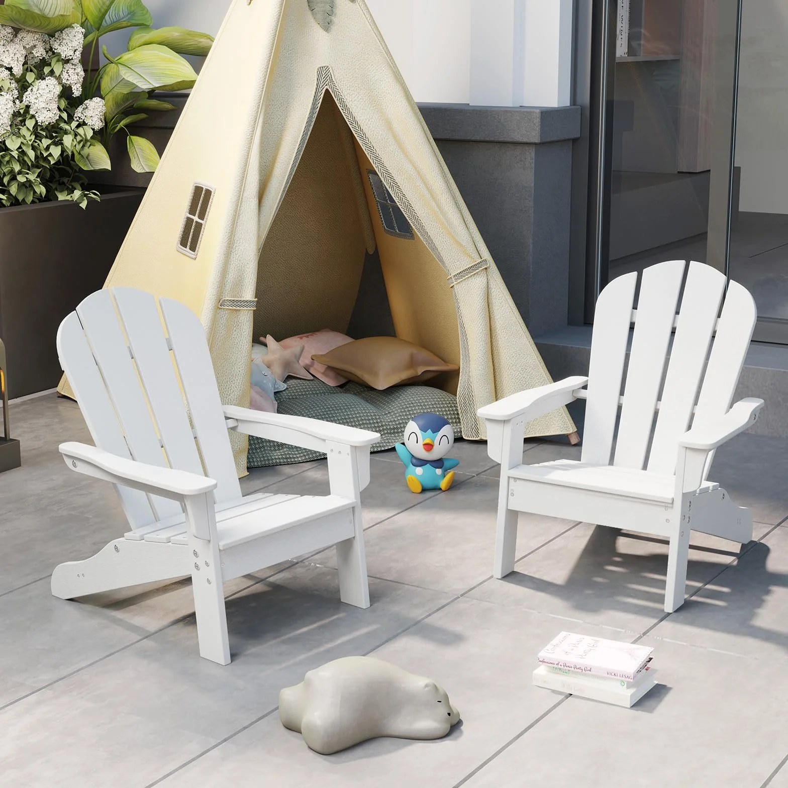 GOPLUS Adirondack Stuhl für Kinder, Adirondack Chair wetterfest aus HDPE mit ergonomischer Rückenlehne & Breiten Armlehnen, bis 75kg belastbar, Kinderstuhl Outdoor Garten Kinderzimmer (Weiß)