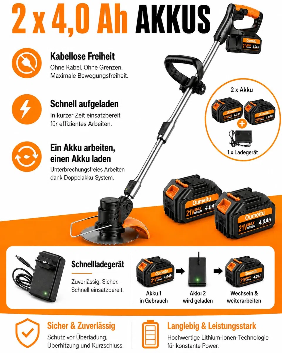 21V Akku Rasentrimmer, 2 x4,0Ah Akku und Ladegerät, 2 in 1 Elektrischer Freischneider/Rasentrimmer mit Akku, Leichter Rasenkantenschneider mit, 5 Messerarten für Rasen, Garten