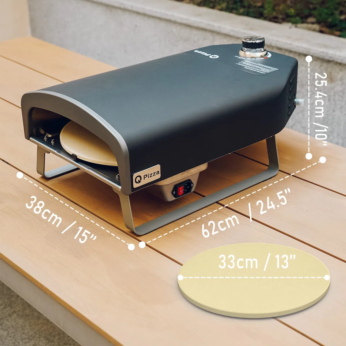 Q Pizza Gas Pizzaofen mit Drehfunktion, 50 mbar Outdoor Gas Pizza Ofen mit 33cm Pizzastein, Tragbarer für Garten Terrasse und Balkon, Schwarz