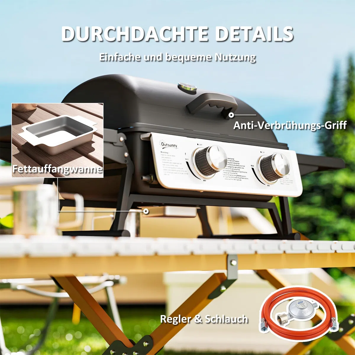 Outsunny Gasgrill 5,6 KW Gas-Grill inkl 2 Edelstahl-Brenner klappbar Seitenablagen Druckminderer Gasschlauch Deckel Thermometer, BBQ Gartengrill für Balkon, Camping-Grill 101 x 48 x 41 cm