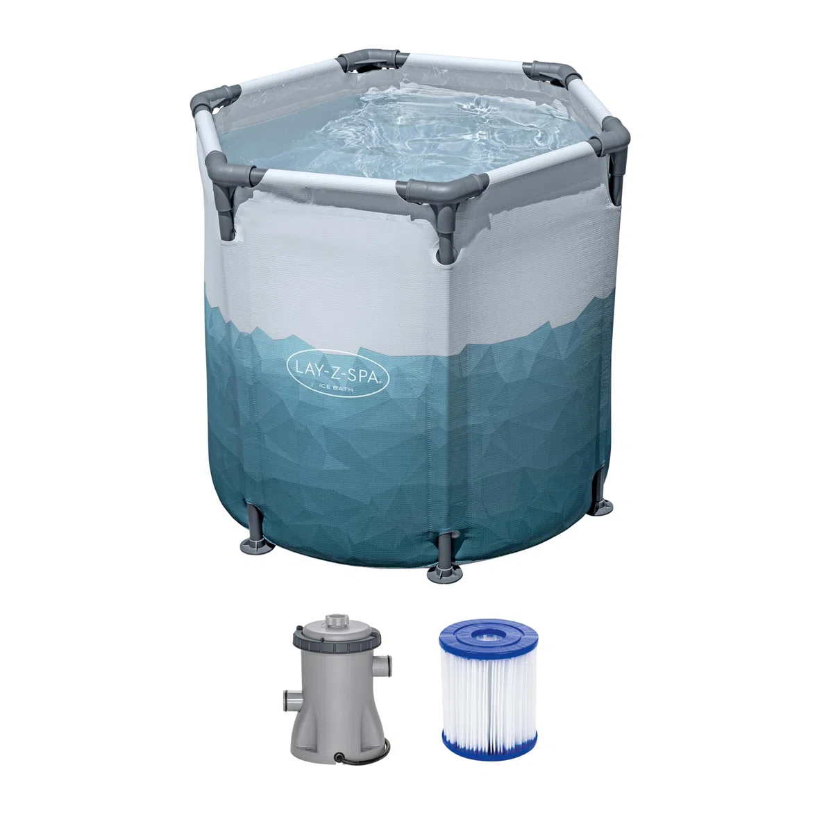 Bestway Lay-Z-SPA Eisbad Glacial Dip, 90 x 80 cm, 253 Liter, Polar-Shield, TriTech-Material, Filterpumpe, Abdeckplane, Eismuster, Stahlrahmen, GS-Zertifiziert, DEKRA