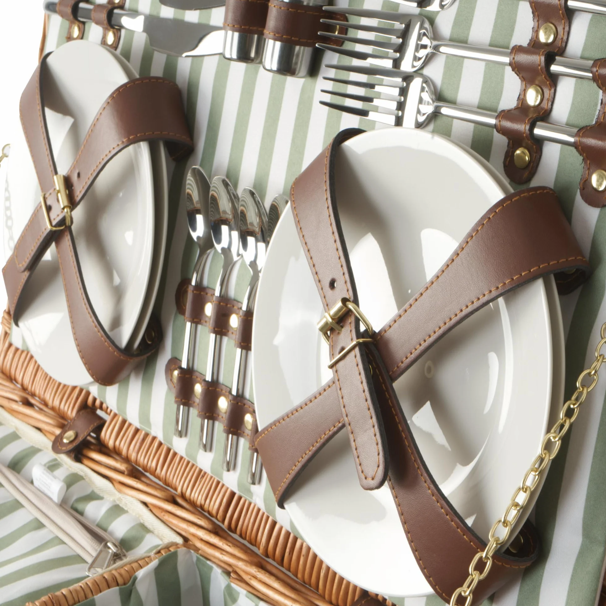 CampFeuer Picknickkorb 4 Personen mit Geschirr-Set und Kühlfach | 29-teilig | Picknickkoffer mit gestreiftem Innenmuster | Weidenkorb mit Kunstlederriemen | Picknicktasche, Picknick Set