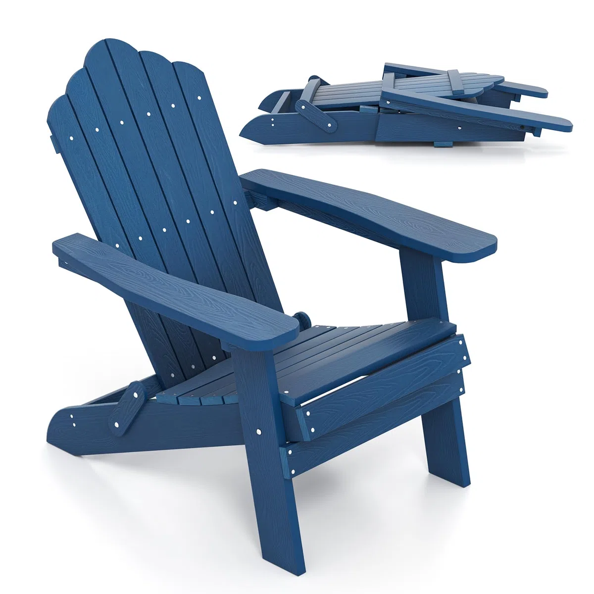 COSTWAY Adirondack Stuhl klappbar, wetterfester Adirondack Chair aus Kunststoff, Gartensessel mit hoher Rückenlehne & Breiten Armlehnen für Garten, Terrasse, 180 kg Tragfähigkeit (Marine)