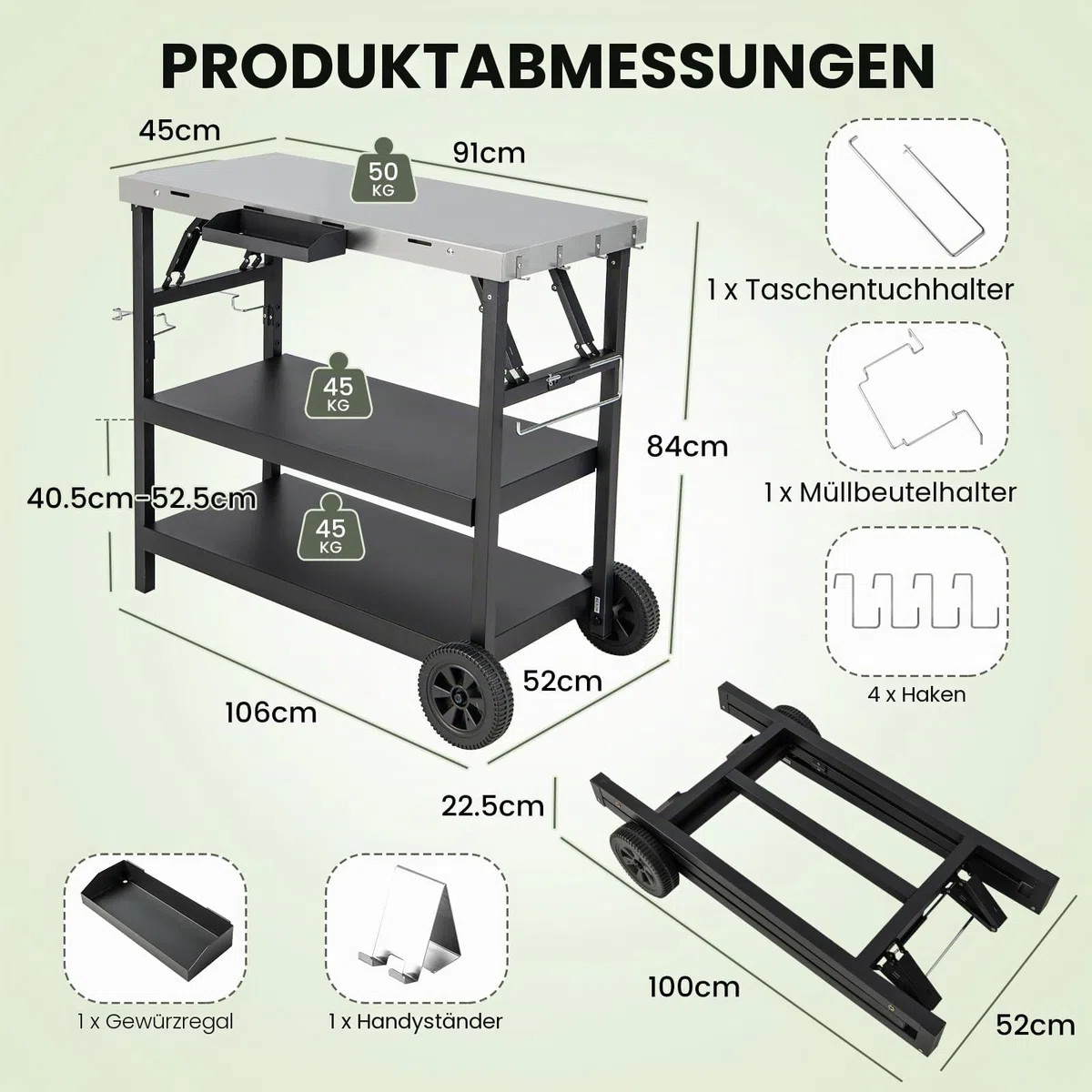 KOMFOTTEU Grillwagen klappbar, Grilltisch mit Edelstahl Arbeitsplatte, Outdoor Rollwagen mit 2 Rollen, Servierwagen Grill Trolley mit Verstellbarer Ablage, Handyhalterung & Handtuchhalter, Schwarz