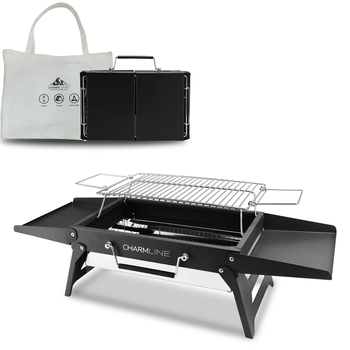 Charmline 35x23cm Foldable Portable Holzkohlegrill, Kleiner Campinggrill Holzkohle, Picknickgrill Grill, BBQ Grill für Outdoor, Geeignet für Gärten, Strände, Rasenflächen und Tischplatten, Schwarz