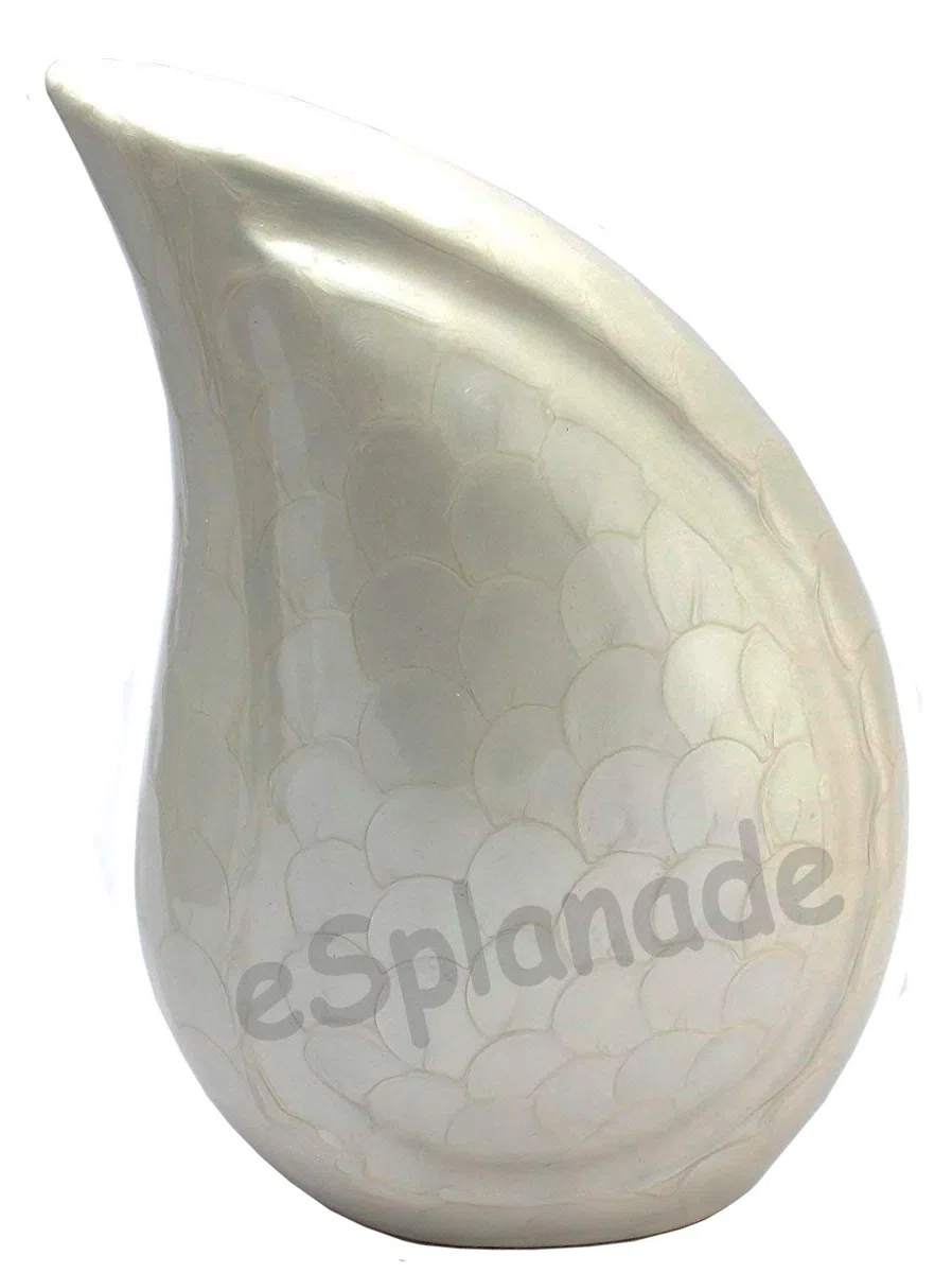 eSplanade Metall-Urnen-Gedenkglas-Behälter | Geprägte Urne in voller Größe für die Beerdigung von Asche | Tropfenförmige Metallurnen | Feuriges Rot – 10 Zoll (Weiss)