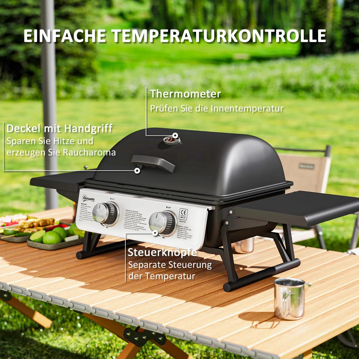 Outsunny Gasgrill 5,6 KW Gas-Grill inkl 2 Edelstahl-Brenner klappbar Seitenablagen Druckminderer Gasschlauch Deckel Thermometer, BBQ Gartengrill für Balkon, Camping-Grill 101 x 48 x 41 cm